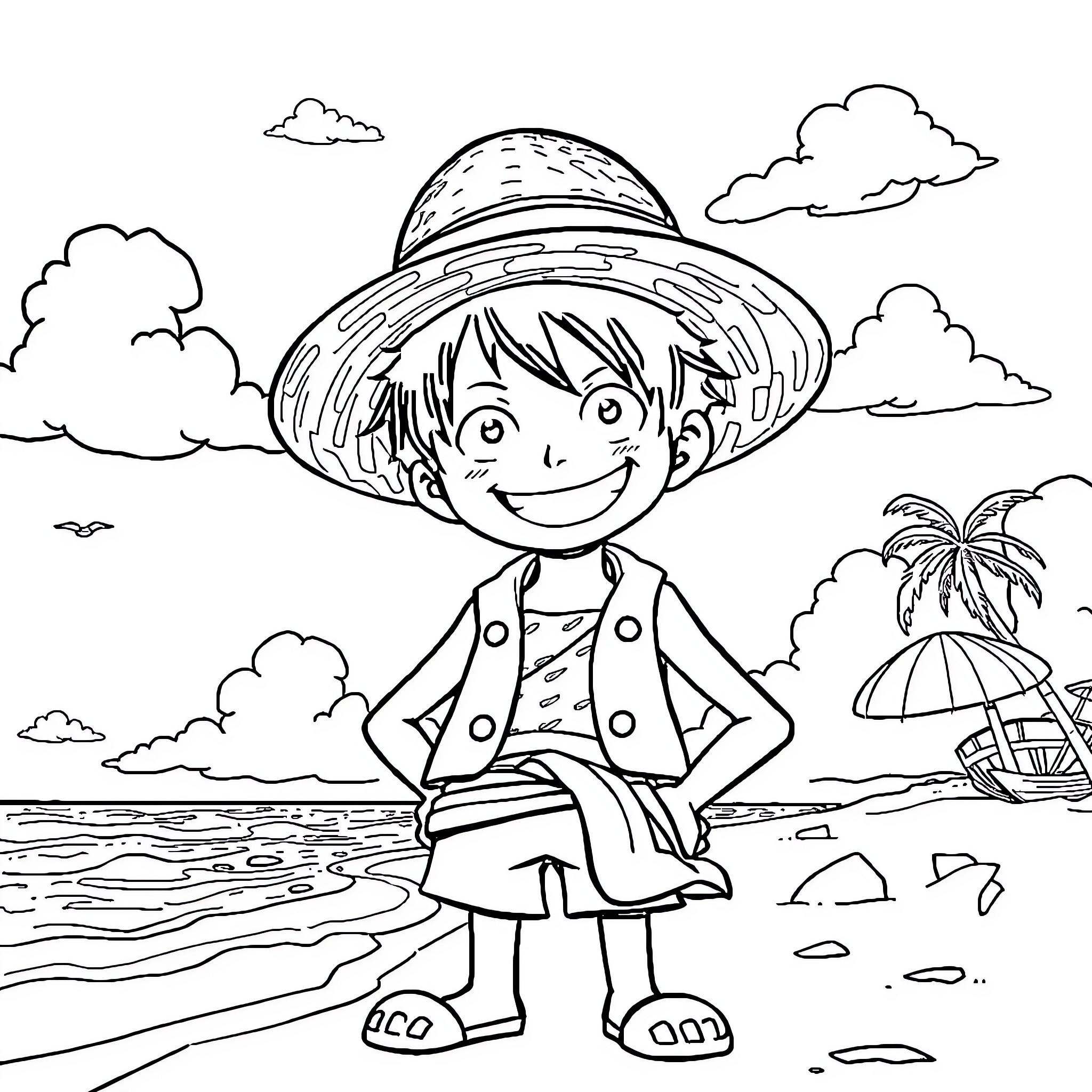 Luffy explores the tropical beach adventure Coloring Page (free black-and-white line drawing printable PDF for all, from beginners to advanced learners, including children, teens, adults, and seniors)