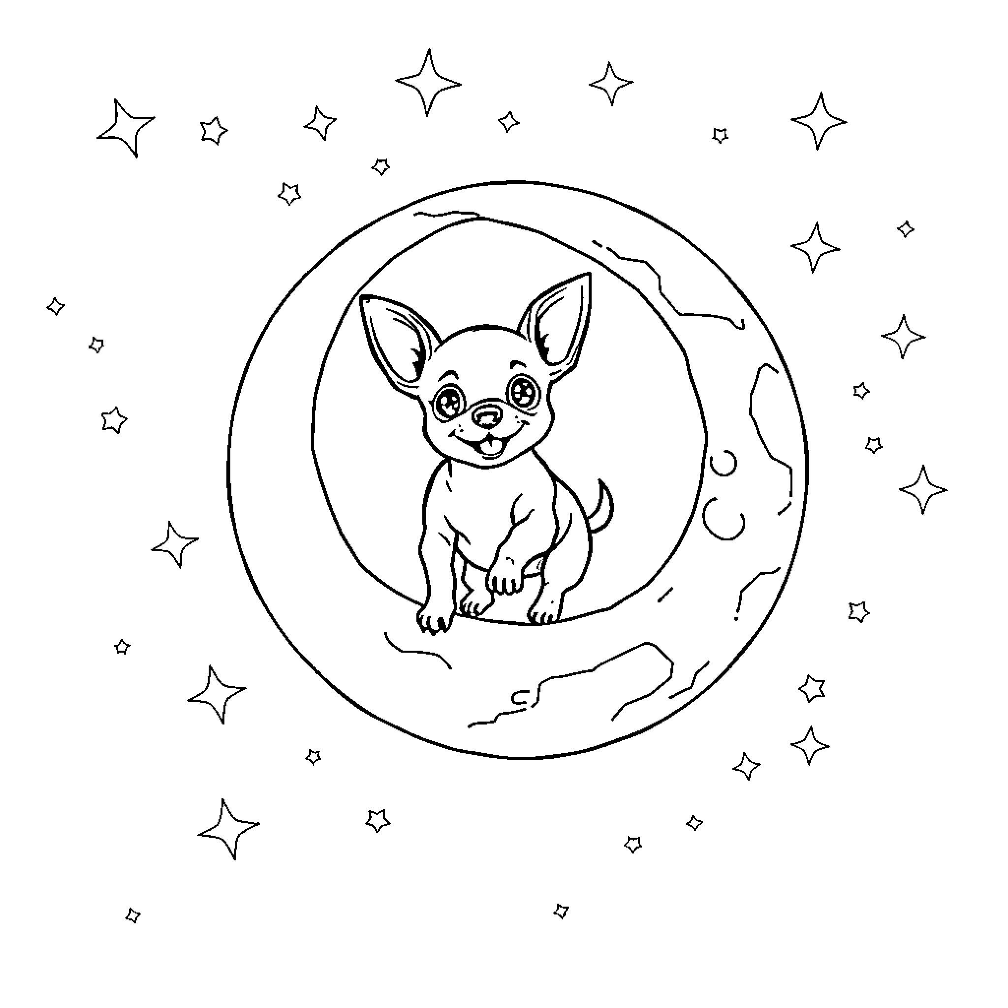 Chihuahua in a Starry Night Scene Coloring Page (free black-and-white line drawing printable PDF for all, from beginners to advanced learners, including children, teens, adults, and seniors)