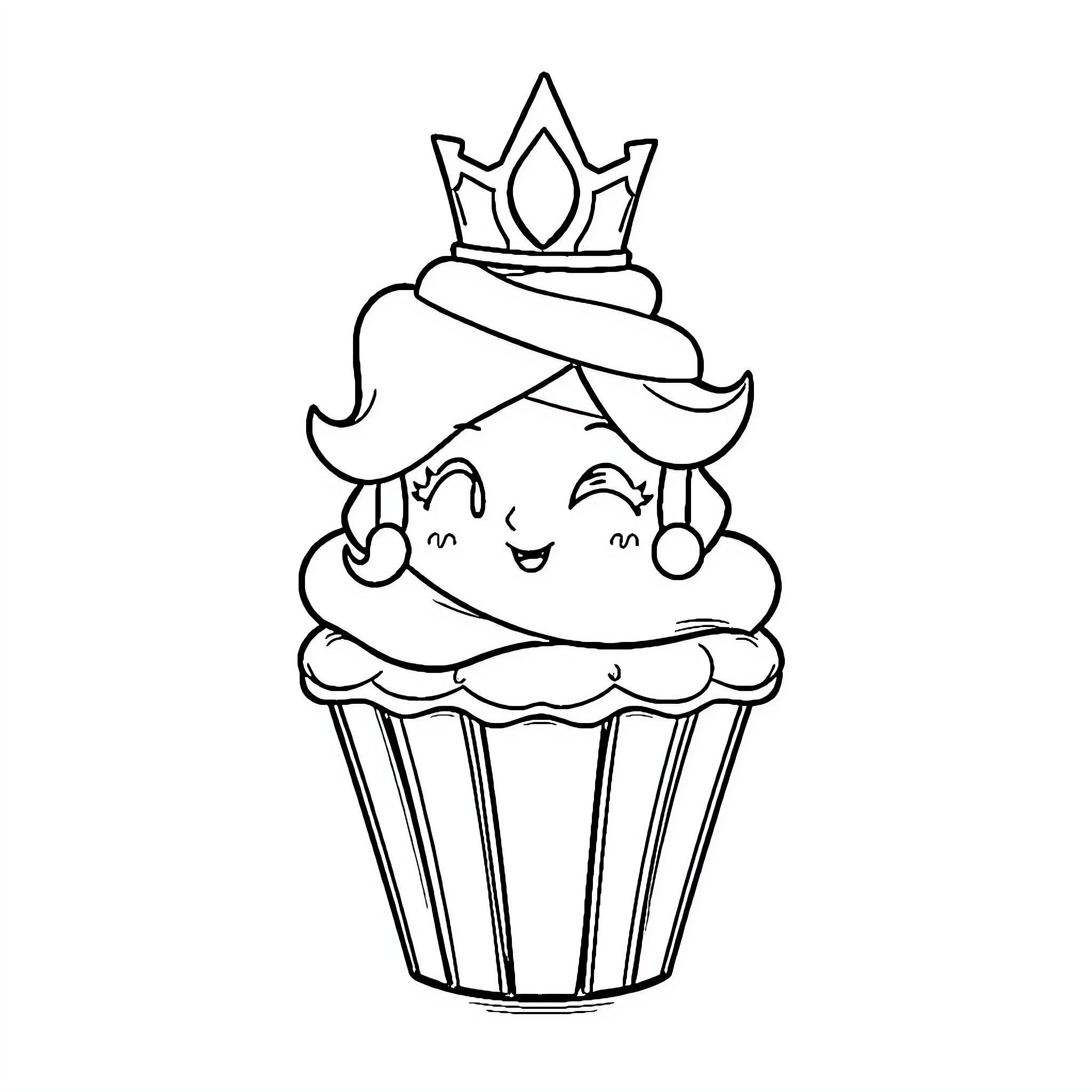 Princess Cupcake with Crown and Cheerful Expression Coloring Page (free black-and-white line drawing printable PDF for all, from beginners to advanced learners, including children, teens, adults, and seniors)