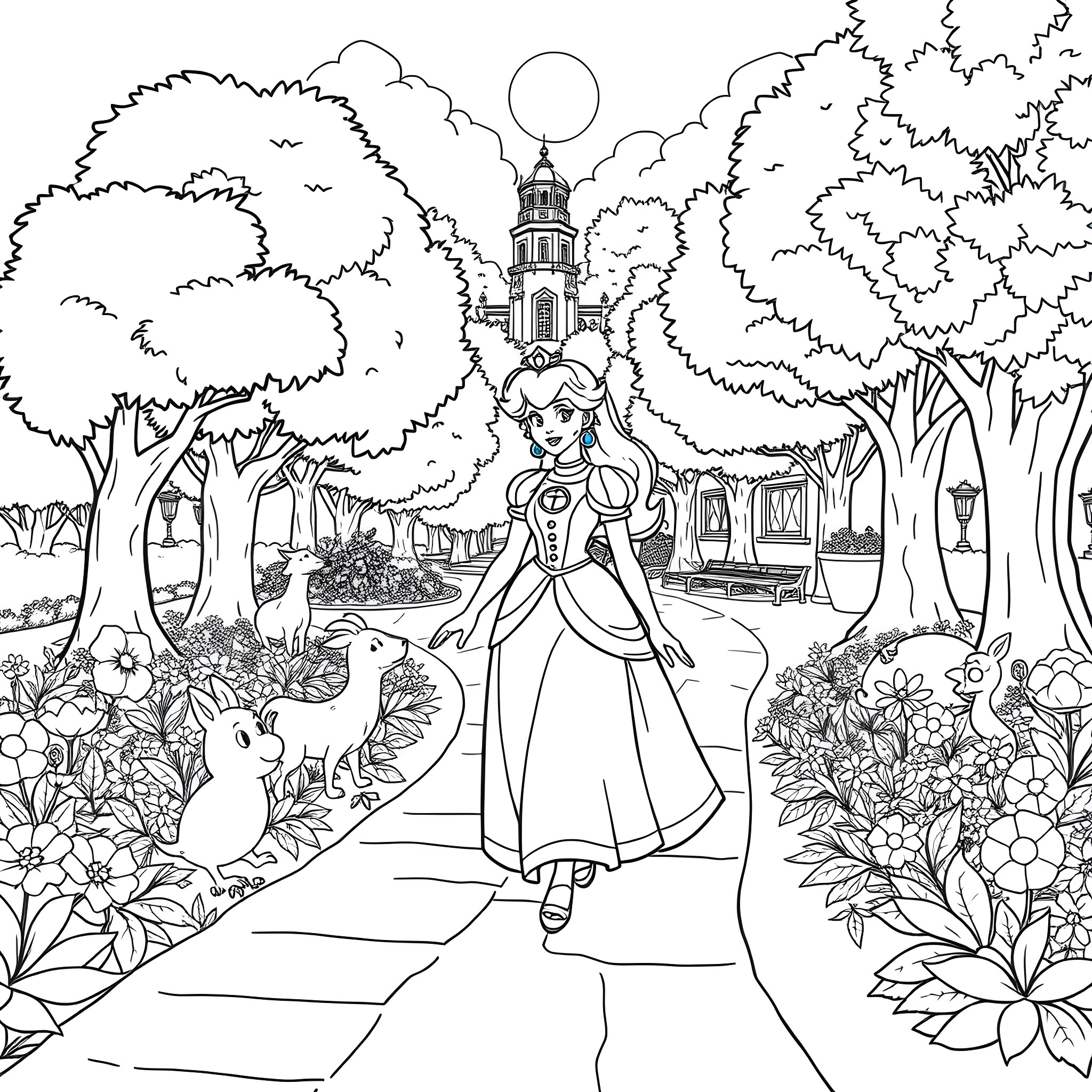 Princess Exploring the Enchanted Garden Coloring Page (free black-and-white line drawing printable PDF for all, from beginners to advanced learners, including children, teens, adults, and seniors)