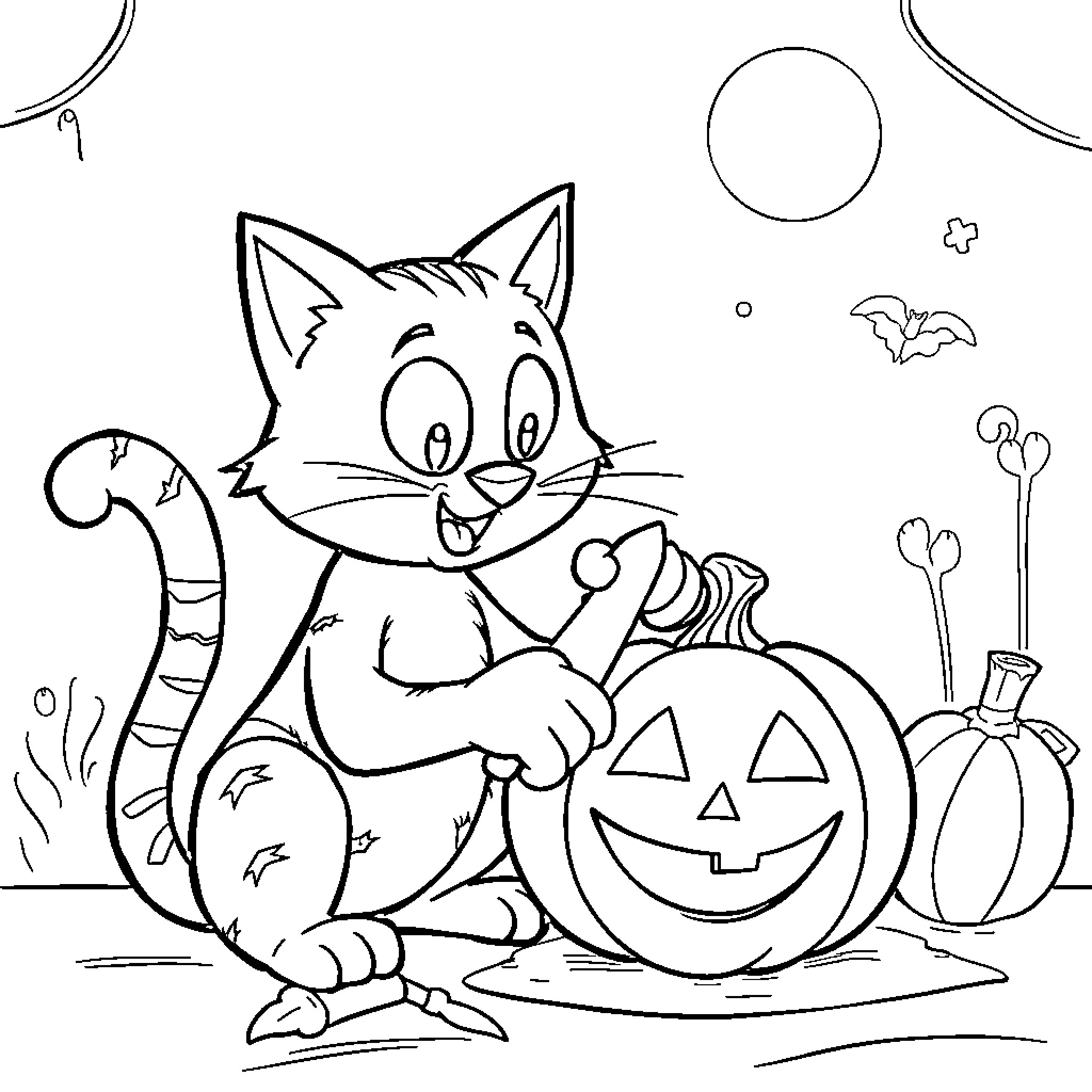 Pete's Playful Halloween Adventure Coloring Page (free black-and-white line drawing printable PDF for all, from beginners to advanced learners, including children, teens, adults, and seniors)