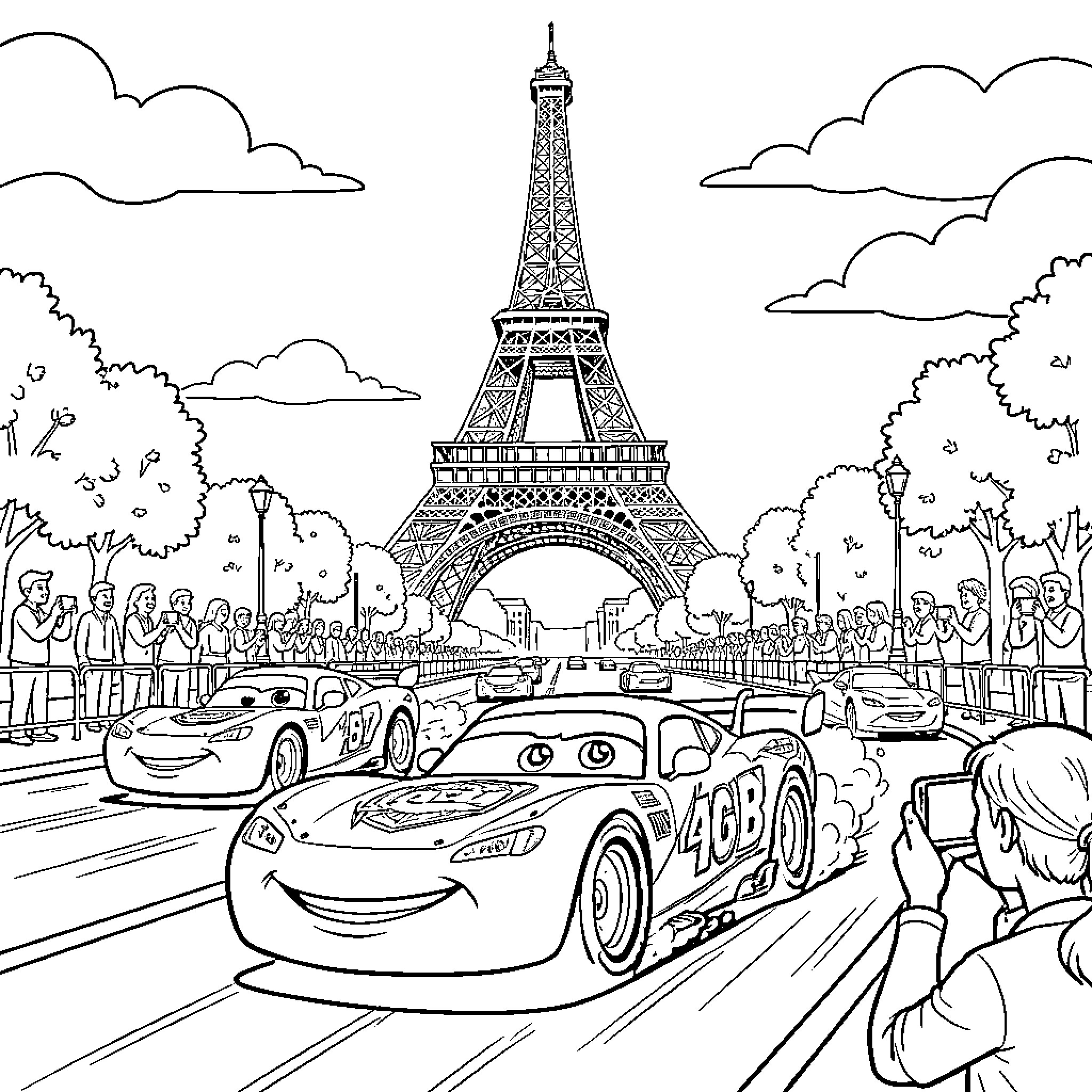Flash McQueen racing through the streets of Paris Coloring Page (free black-and-white line drawing printable PDF for all, from beginners to advanced learners, including children, teens, adults, and seniors)