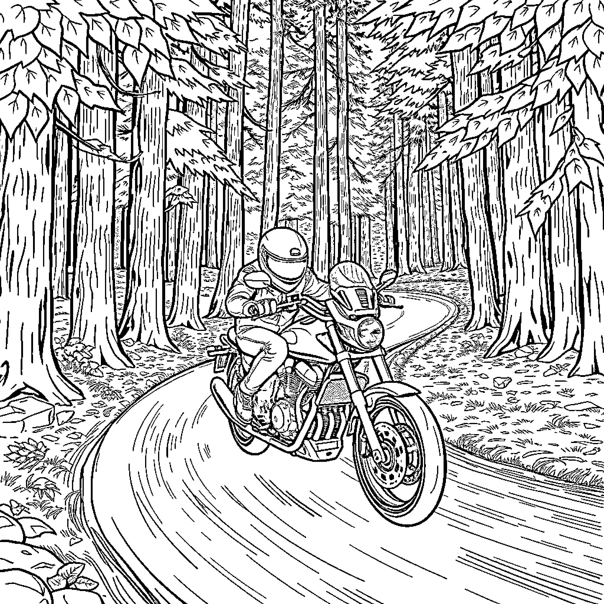 Motorcycle rider exploring winding forest trail Coloring Page (free black-and-white line drawing printable PDF for all, from beginners to advanced learners, including children, teens, adults, and seniors)