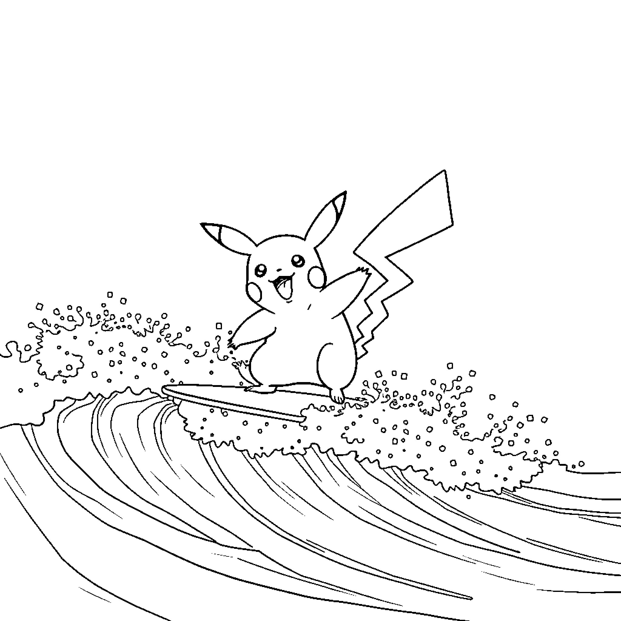 Pikachu surfing on a wave Coloring Page (free black-and-white line drawing printable PDF for all, from beginners to advanced learners, including children, teens, adults, and seniors)