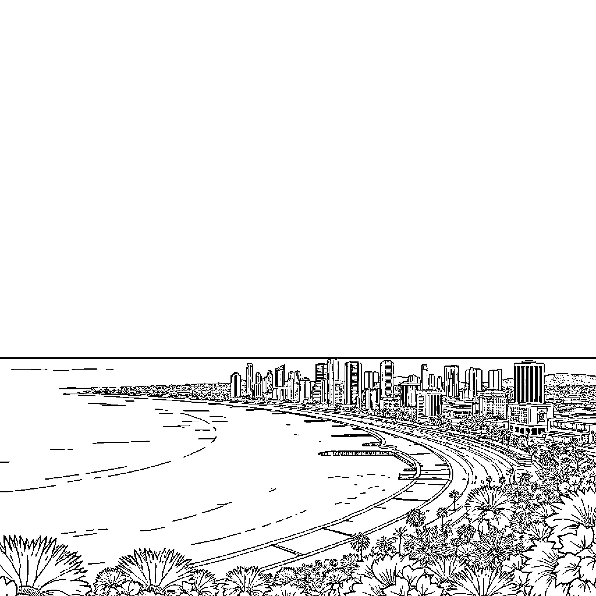 San Diego skyline and beach with coastal flora Coloring Page (free black-and-white line drawing printable PDF for all, from beginners to advanced learners, including children, teens, adults, and seniors)
