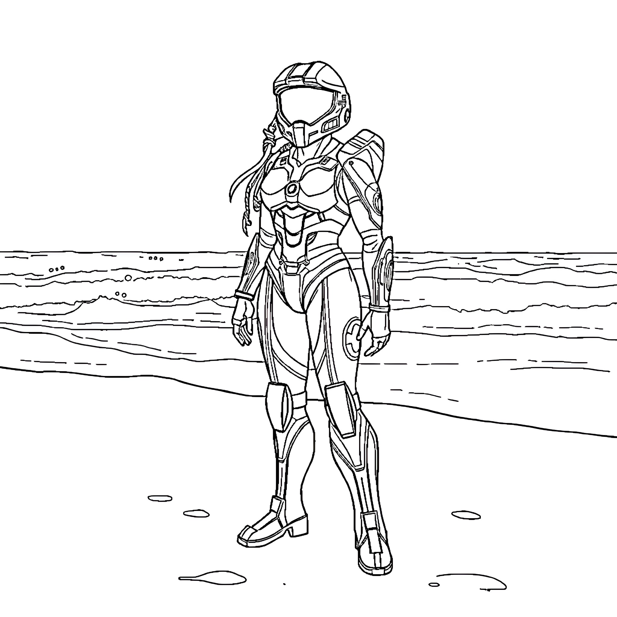 Cortana, a futuristic armored warrior on the beach Coloring Page (free black-and-white line drawing printable PDF for all, from beginners to advanced learners, including children, teens, adults, and seniors)