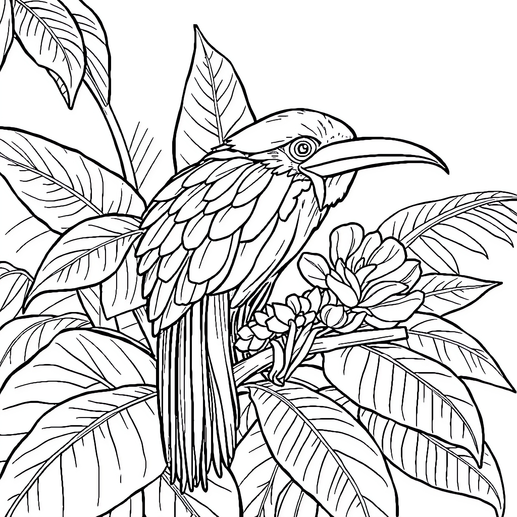 Watermelon and Pineapple Tropical Bird in Lush Foliage Coloring Page (free black-and-white line drawing printable PDF for all, from beginners to advanced learners, including children, teens, adults, and seniors)