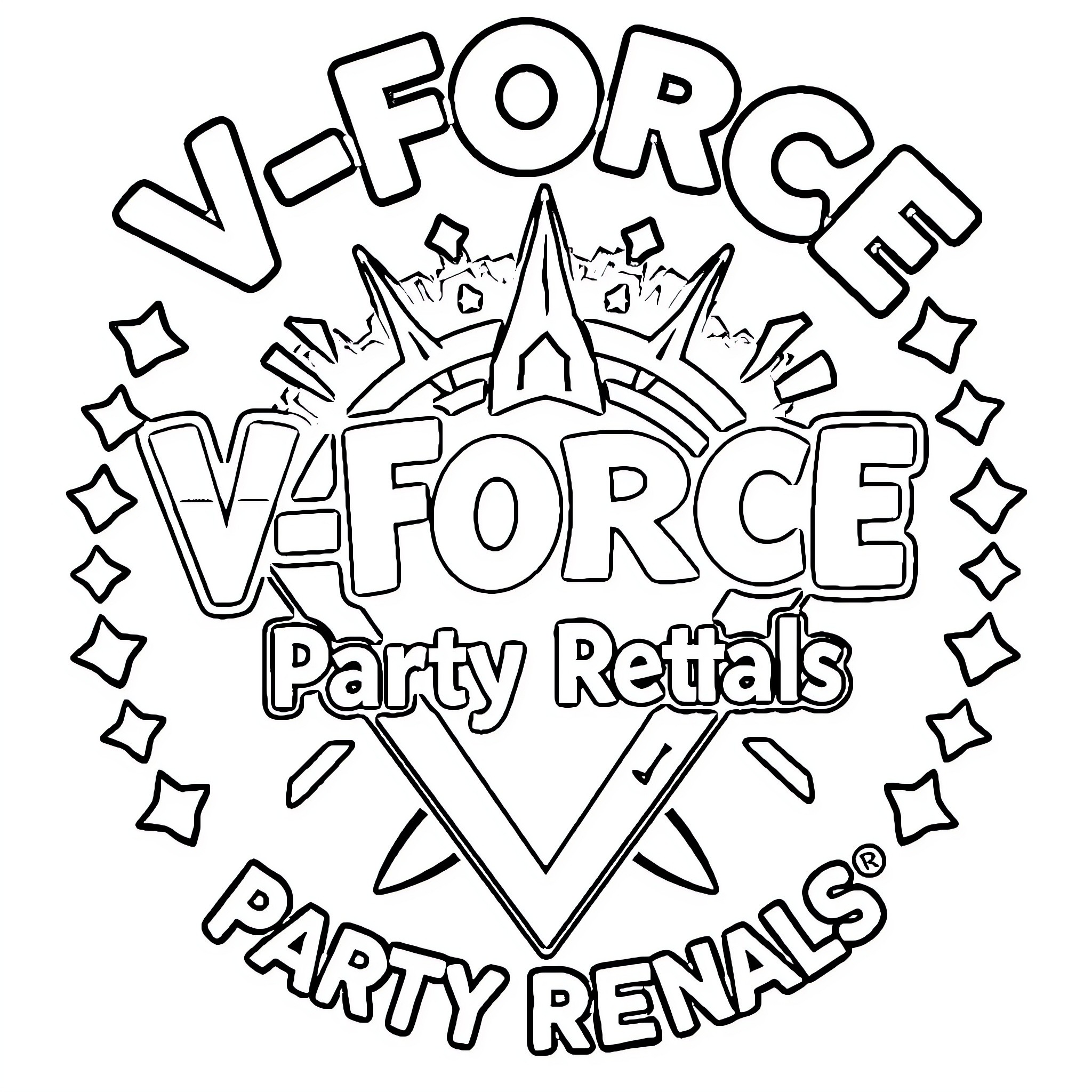 V-Force Party Retvals and Party Rentals Coloring Page (free black-and-white line drawing printable PDF for all, from beginners to advanced learners, including children, teens, adults, and seniors)