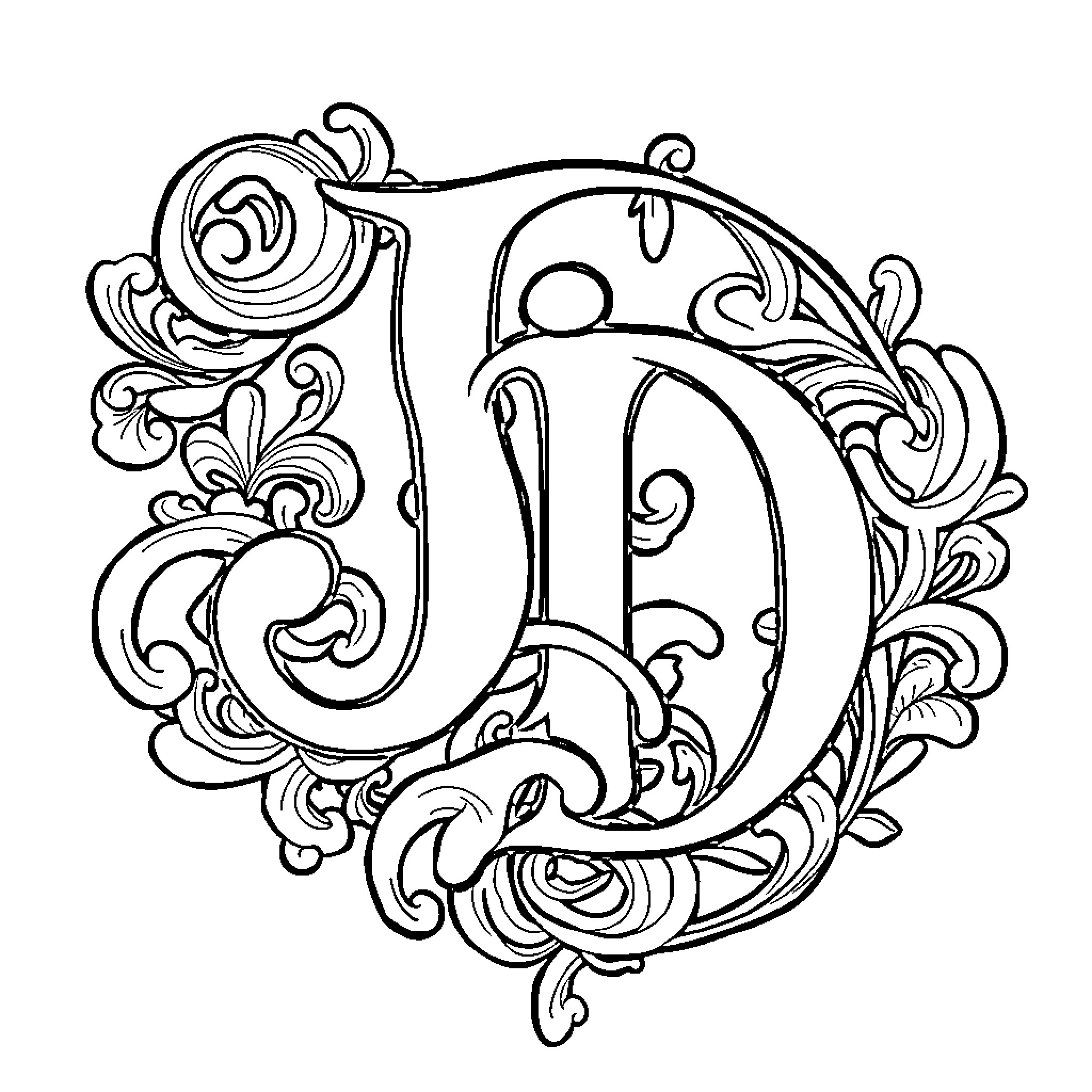 Initials D in Ornate Filigree Style Coloring Page (free black-and-white line drawing printable PDF for all, from beginners to advanced learners, including children, teens, adults, and seniors)