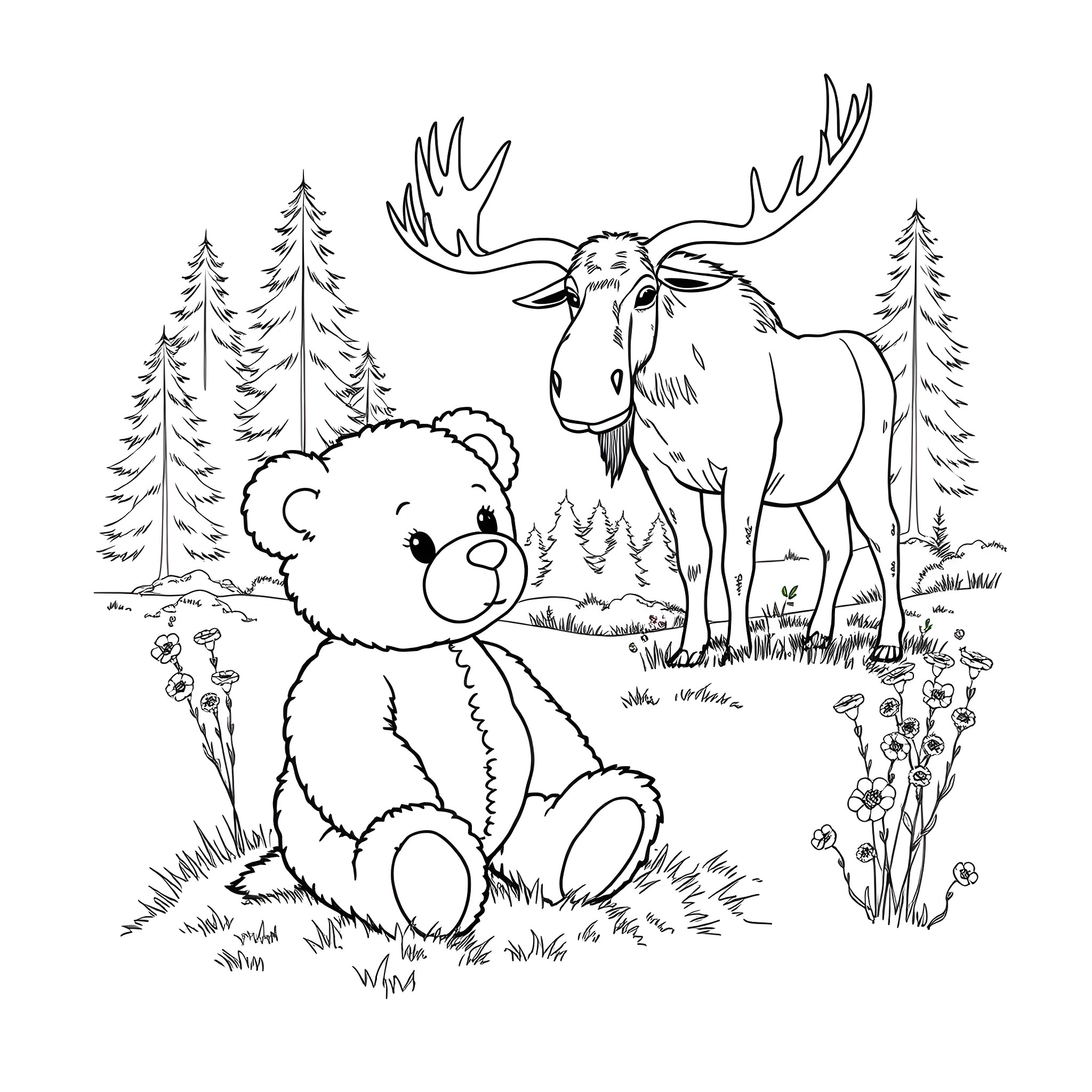 Stuffed Bear and Moose in the Forest Coloring Page (free black-and-white line drawing printable PDF for all, from beginners to advanced learners, including children, teens, adults, and seniors)