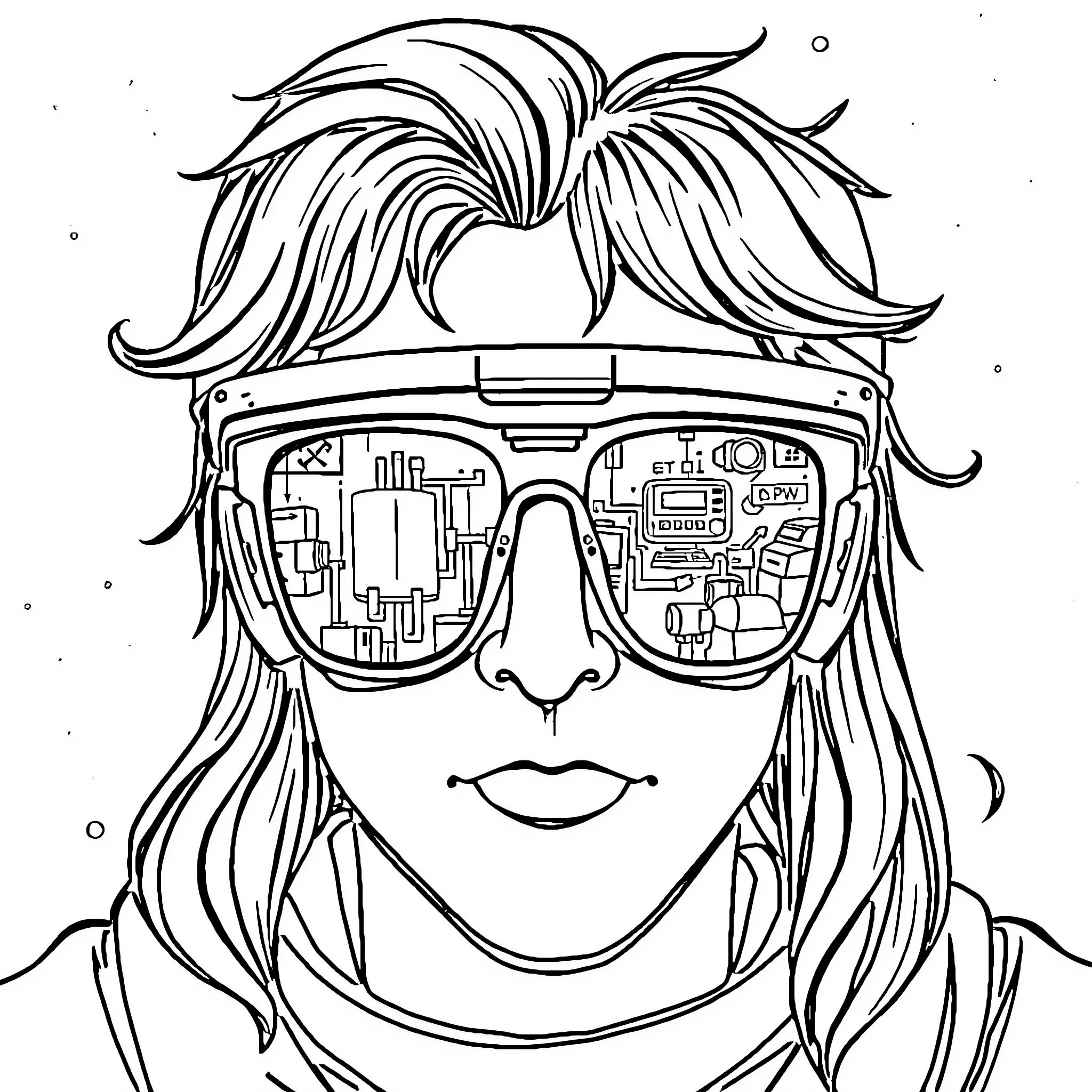 Glasses reflecting a futuristic city landscape Coloring Page (free black-and-white line drawing printable PDF for all, from beginners to advanced learners, including children, teens, adults, and seniors)