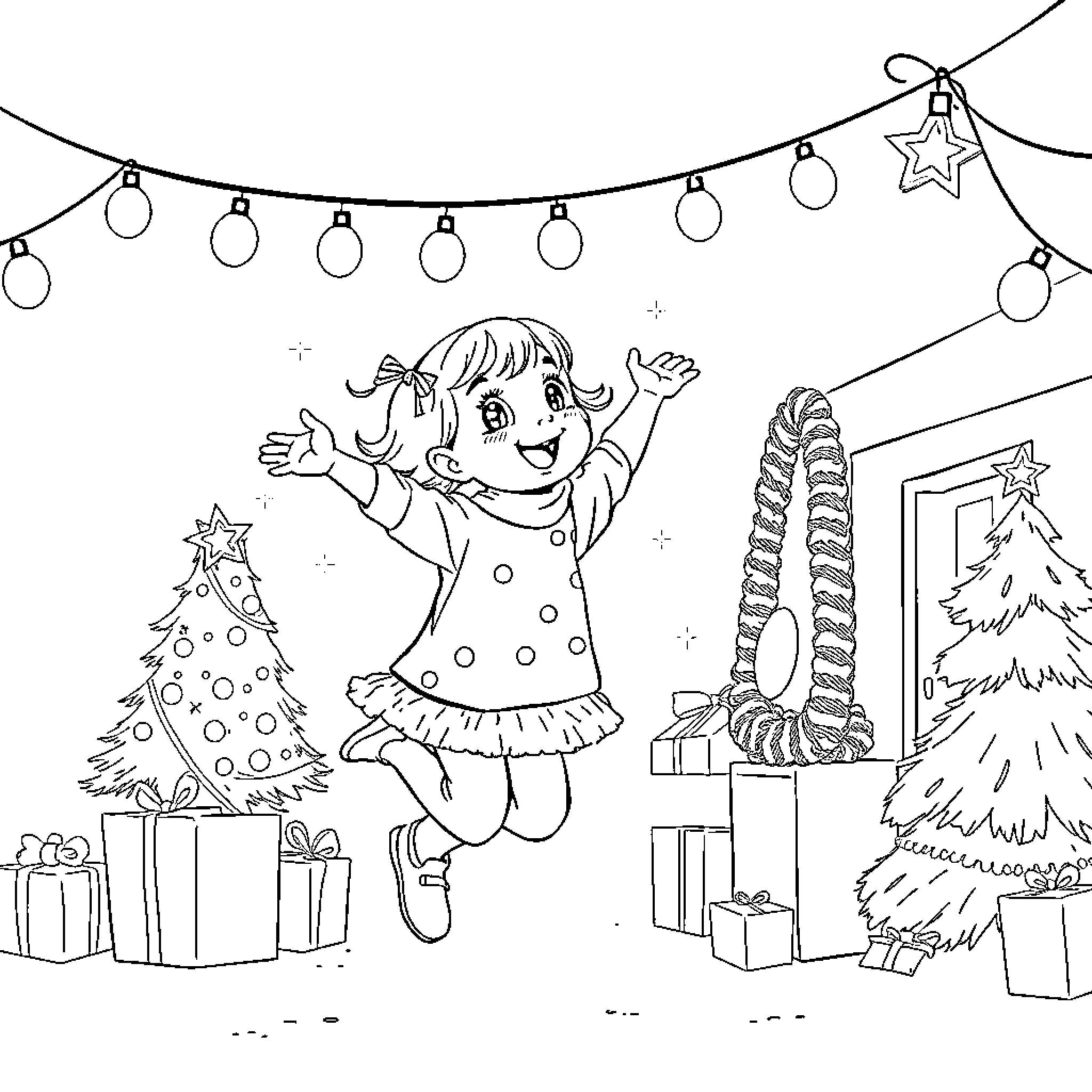 Girl celebrating Christmas with excitement Coloring Page (free black-and-white line drawing printable PDF for all, from beginners to advanced learners, including children, teens, adults, and seniors)
