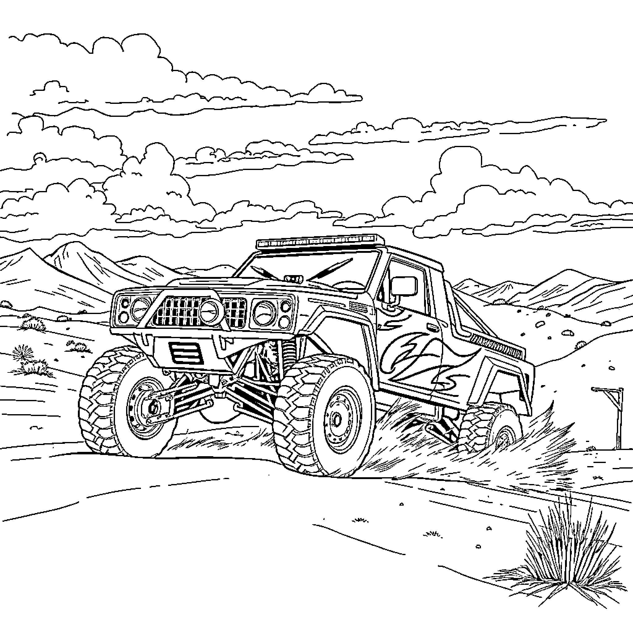 Trophy Truck Navigating Rugged Terrain Coloring Page (free black-and-white line drawing printable PDF for all, from beginners to advanced learners, including children, teens, adults, and seniors)