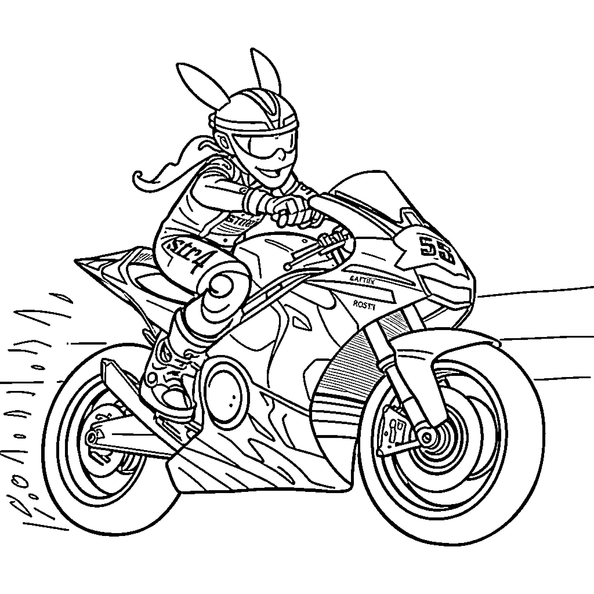 Asterix Racing on a Futuristic Motorcycle Coloring Page (free black-and-white line drawing printable PDF for all, from beginners to advanced learners, including children, teens, adults, and seniors)