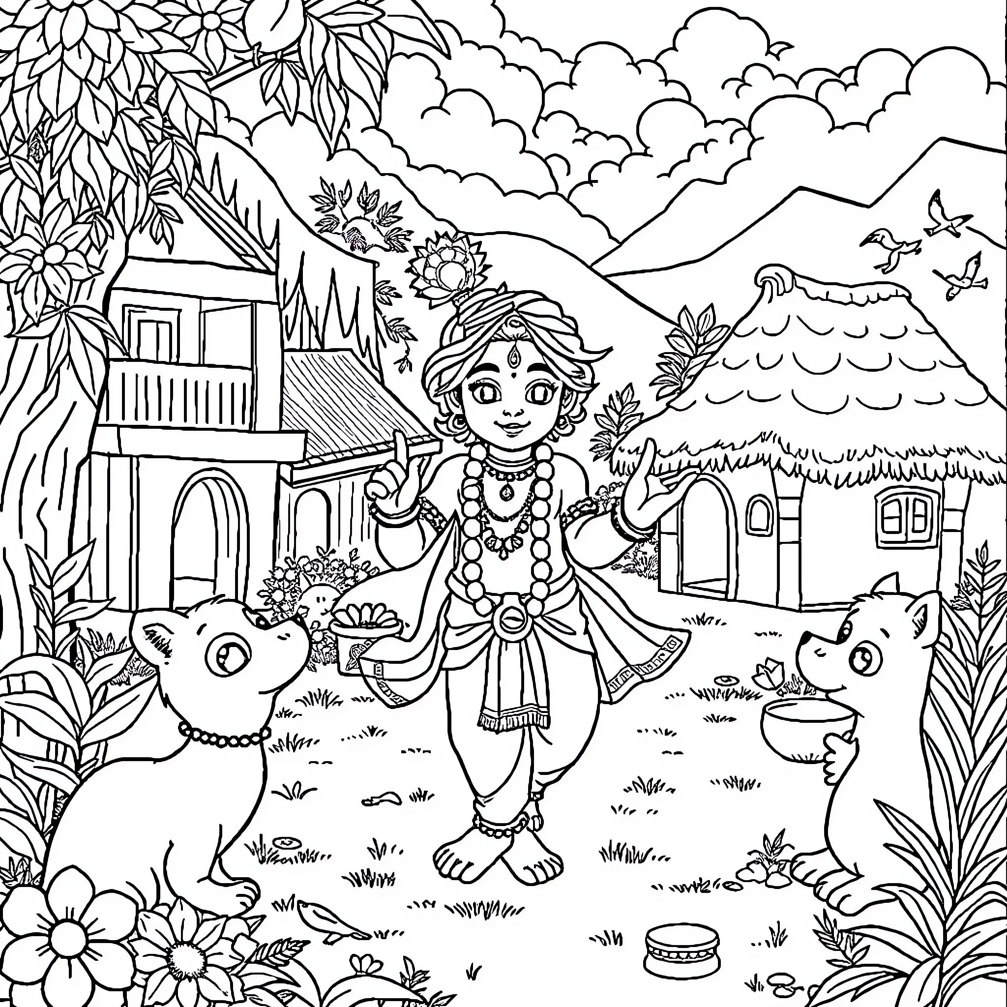 Krishna playing in a serene countryside setting Coloring Page (free black-and-white line drawing printable PDF for all, from beginners to advanced learners, including children, teens, adults, and seniors)