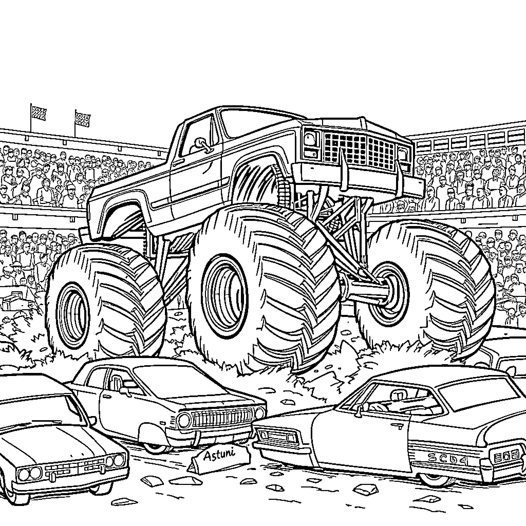 Monster Truck Crushing Cars in Spectacular Arena Coloring Page (free black-and-white line drawing printable PDF for all, from beginners to advanced learners, including children, teens, adults, and seniors)