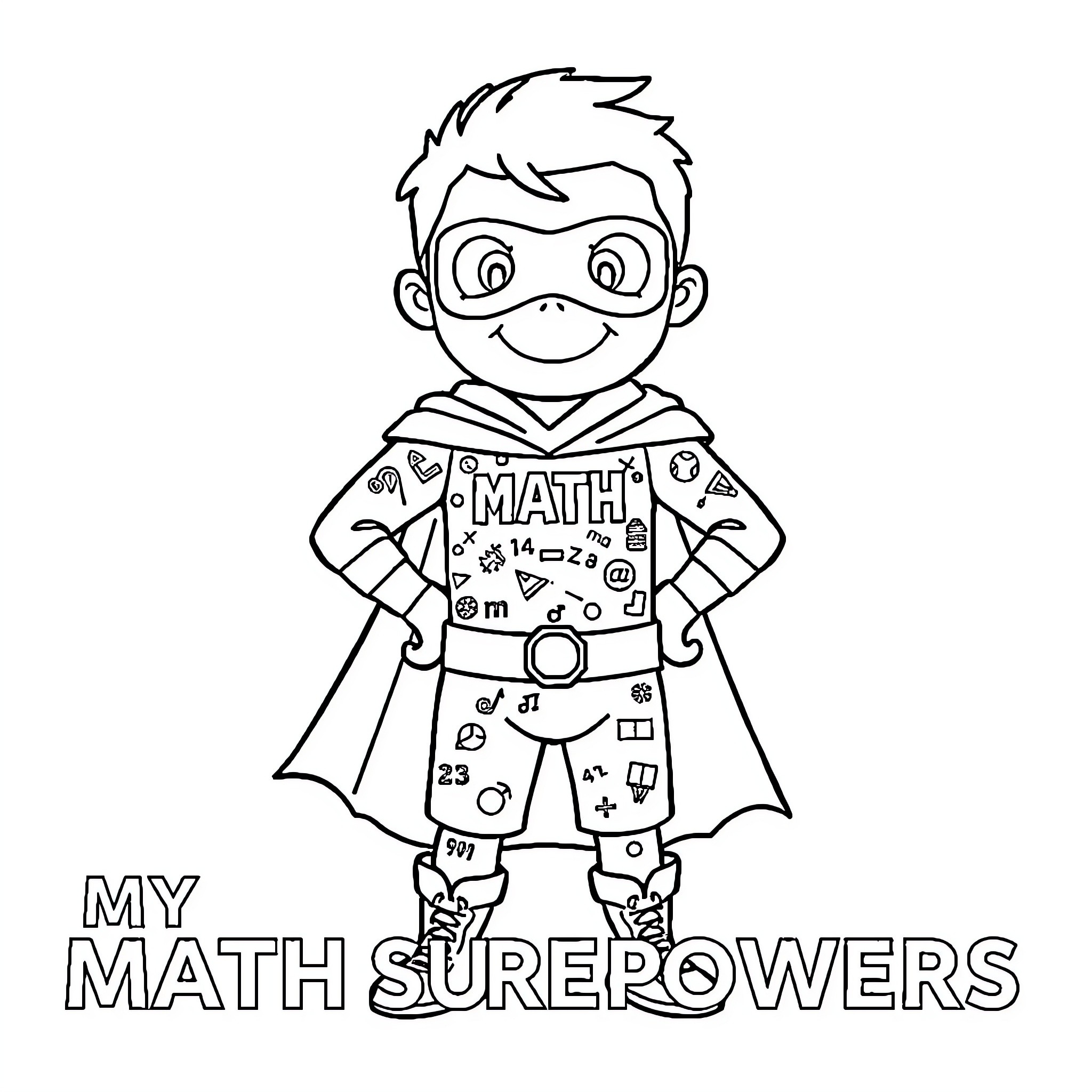 Math Superhero Solves Problems with Mathematical Powers Coloring Page (free black-and-white line drawing printable PDF for all, from beginners to advanced learners, including children, teens, adults, and seniors)