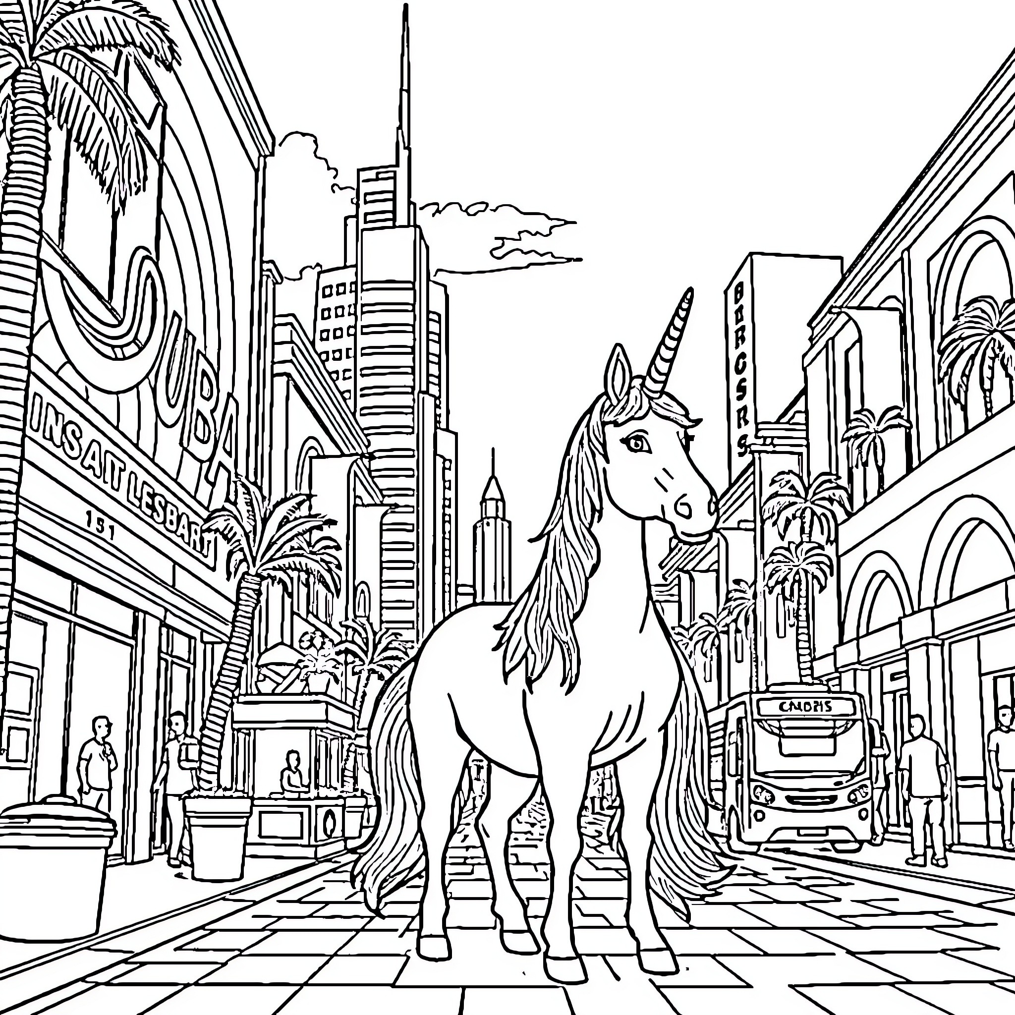 Unicorn exploring the vibrant city streets Coloring Page (free black-and-white line drawing printable PDF for all, from beginners to advanced learners, including children, teens, adults, and seniors)