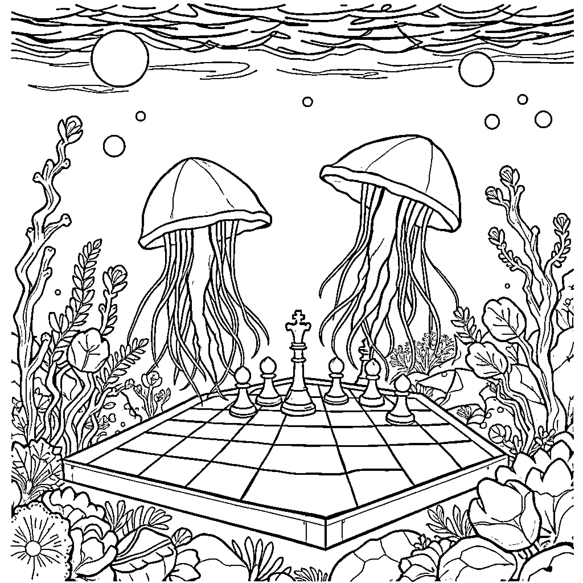 Jellyfish playing chess in the underwater garden Coloring Page (free black-and-white line drawing printable PDF for all, from beginners to advanced learners, including children, teens, adults, and seniors)
