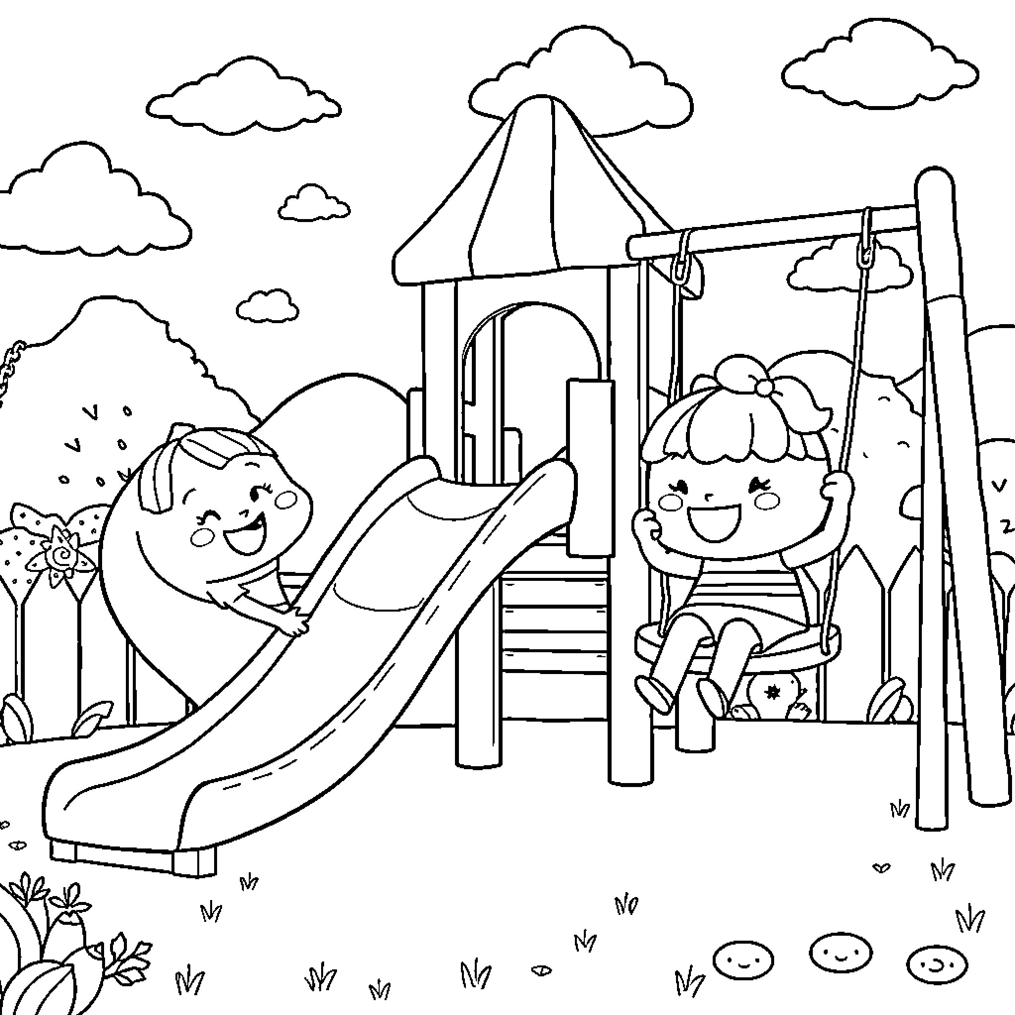 Cocomelon kids playing on playground equipment Coloring Page (free black-and-white line drawing printable PDF for all, from beginners to advanced learners, including children, teens, adults, and seniors)