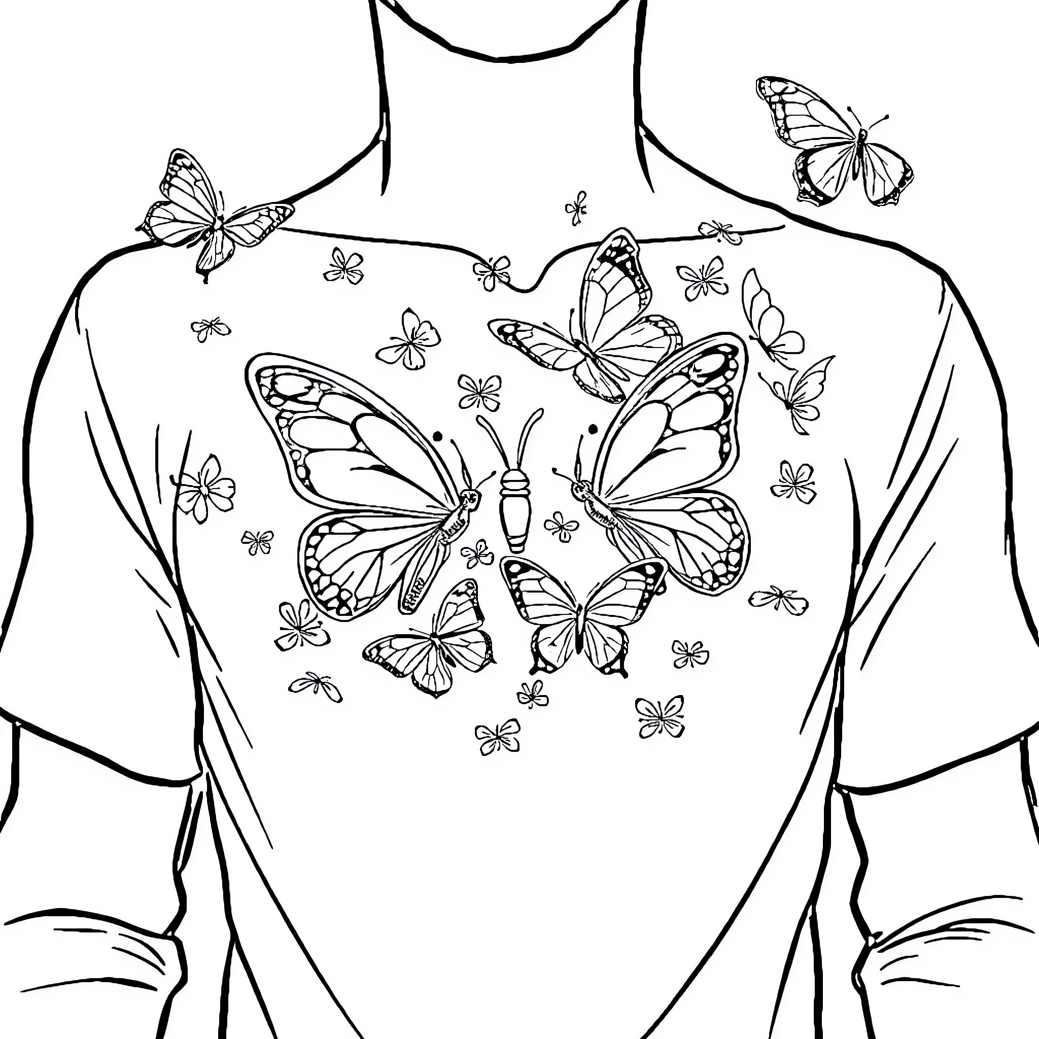 Butterfly Designs on Clothing Coloring Page (free black-and-white line drawing printable PDF for all, from beginners to advanced learners, including children, teens, adults, and seniors)