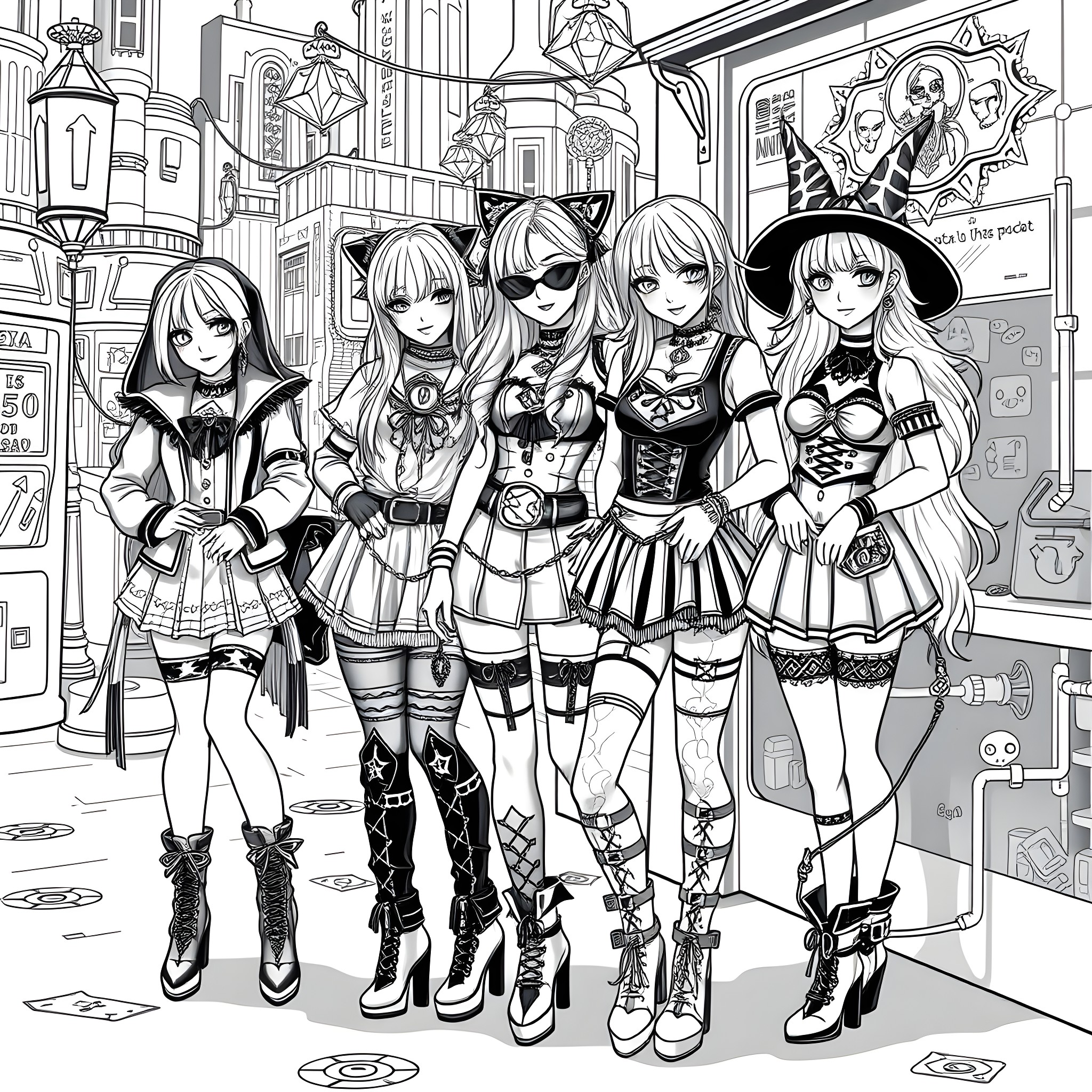 Goth Girls Posing in Eccentric Street Fashion Coloring Page (free black-and-white line drawing printable PDF for all, from beginners to advanced learners, including children, teens, adults, and seniors)