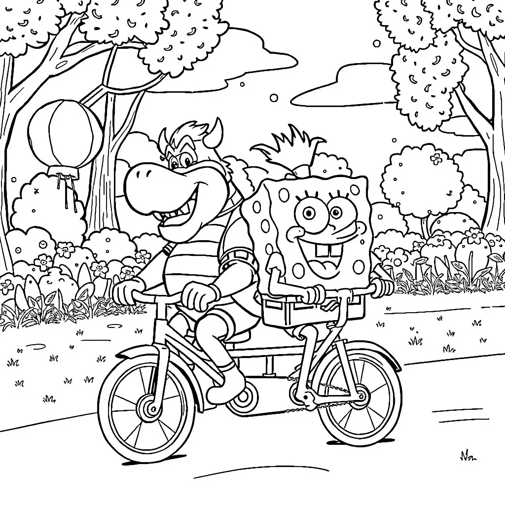 Spongebob and Patrick riding a bicycle in the forest Coloring Page (free black-and-white line drawing printable PDF for all, from beginners to advanced learners, including children, teens, adults, and seniors)