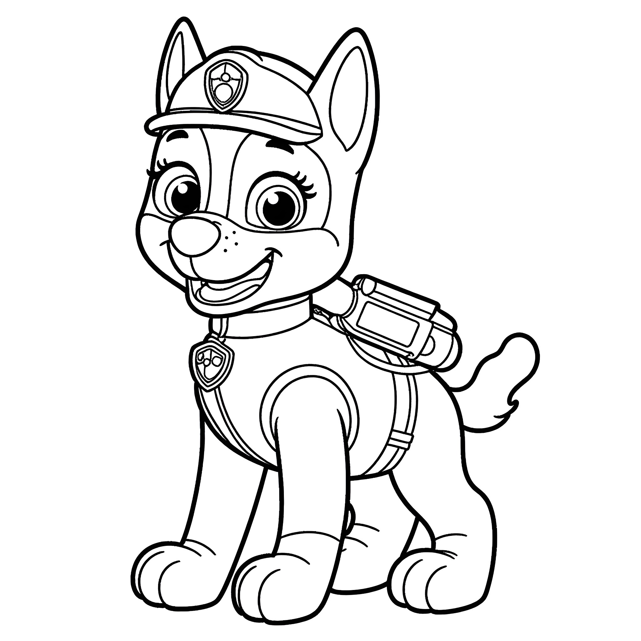 Chase the Puppy Police Officer on Duty Coloring Page (free black-and-white line drawing printable PDF for all, from beginners to advanced learners, including children, teens, adults, and seniors)