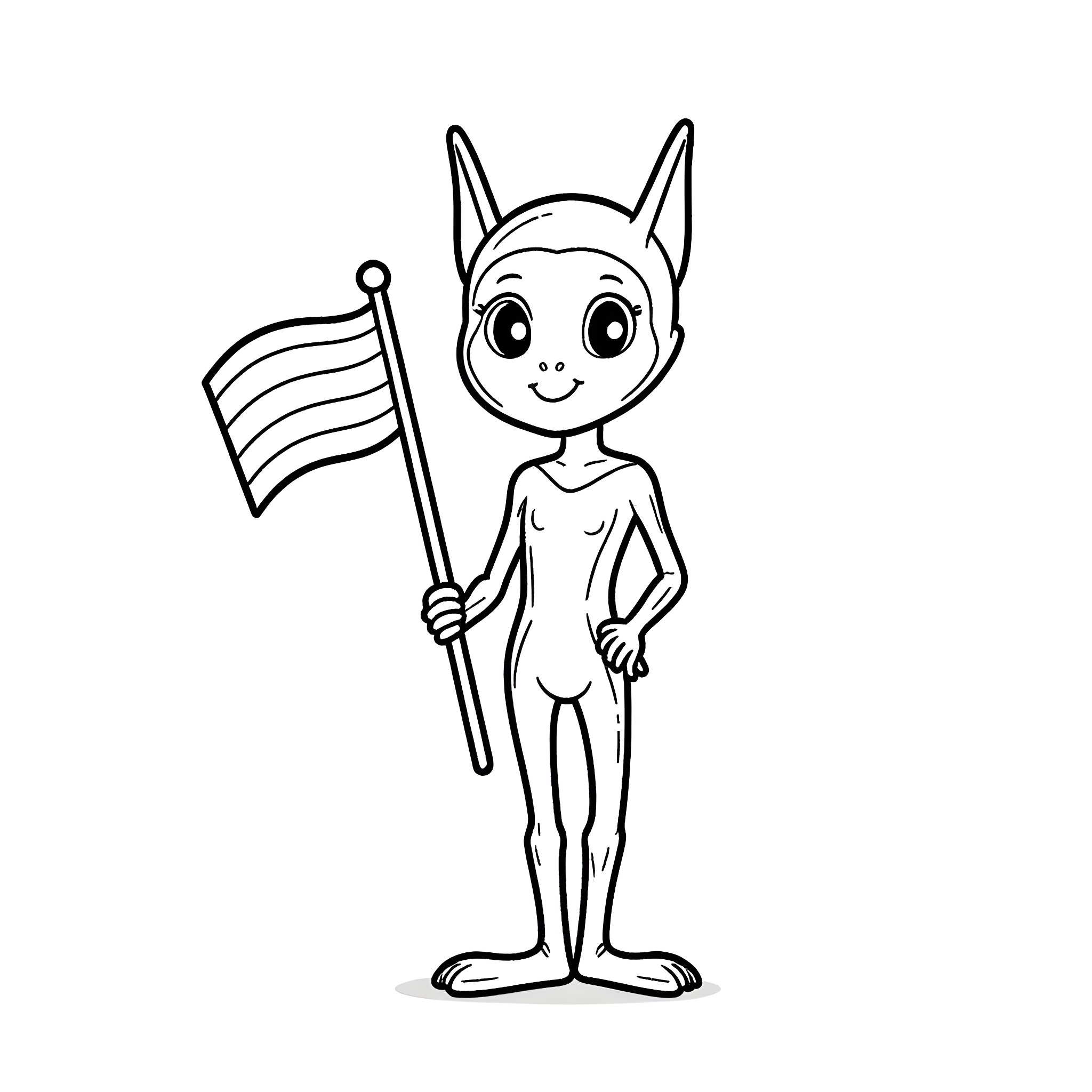 Alien Child Holding National Flag Coloring Page (free black-and-white line drawing printable PDF for all, from beginners to advanced learners, including children, teens, adults, and seniors)