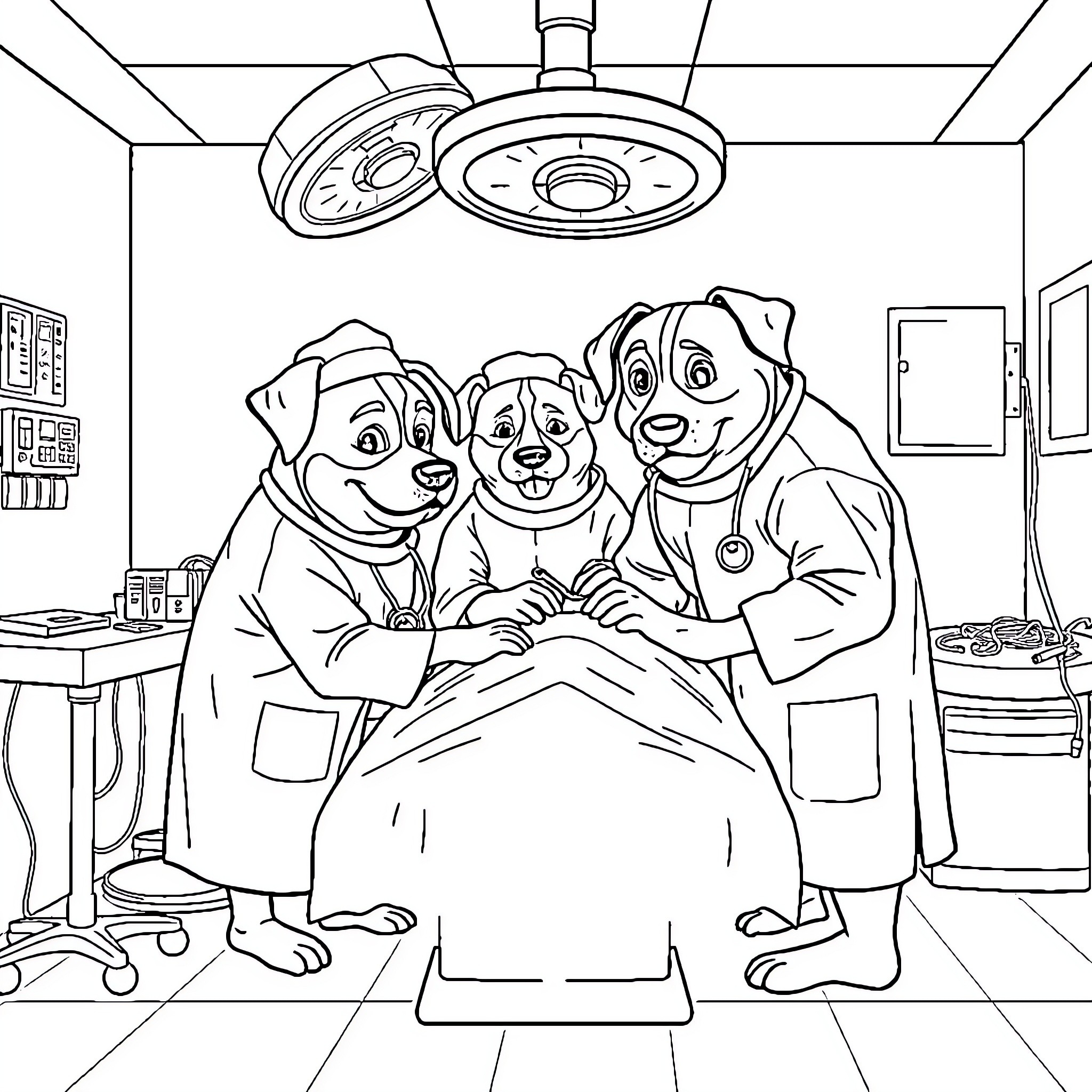 Dog Doctors Performing Surgery Coloring Page (free black-and-white line drawing printable PDF for all, from beginners to advanced learners, including children, teens, adults, and seniors)