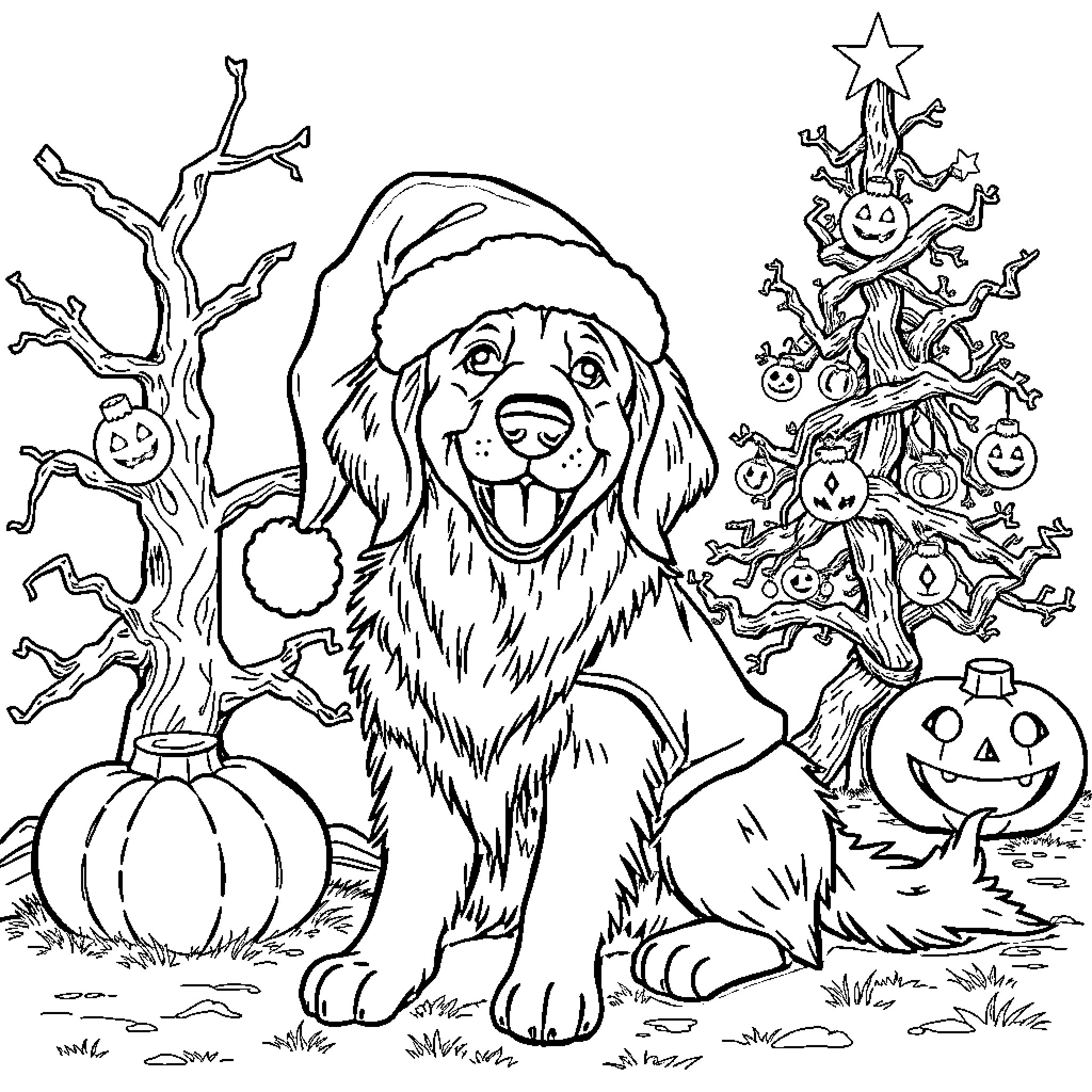 Golden Retriever Enjoying Halloween Festivities Coloring Page (free black-and-white line drawing printable PDF for all, from beginners to advanced learners, including children, teens, adults, and seniors)