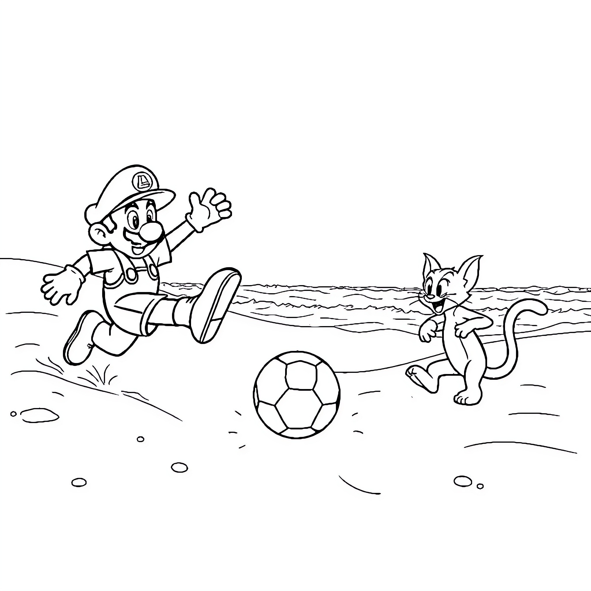 Mario playing soccer with a cat on the beach Coloring Page (free black-and-white line drawing printable PDF for all, from beginners to advanced learners, including children, teens, adults, and seniors)