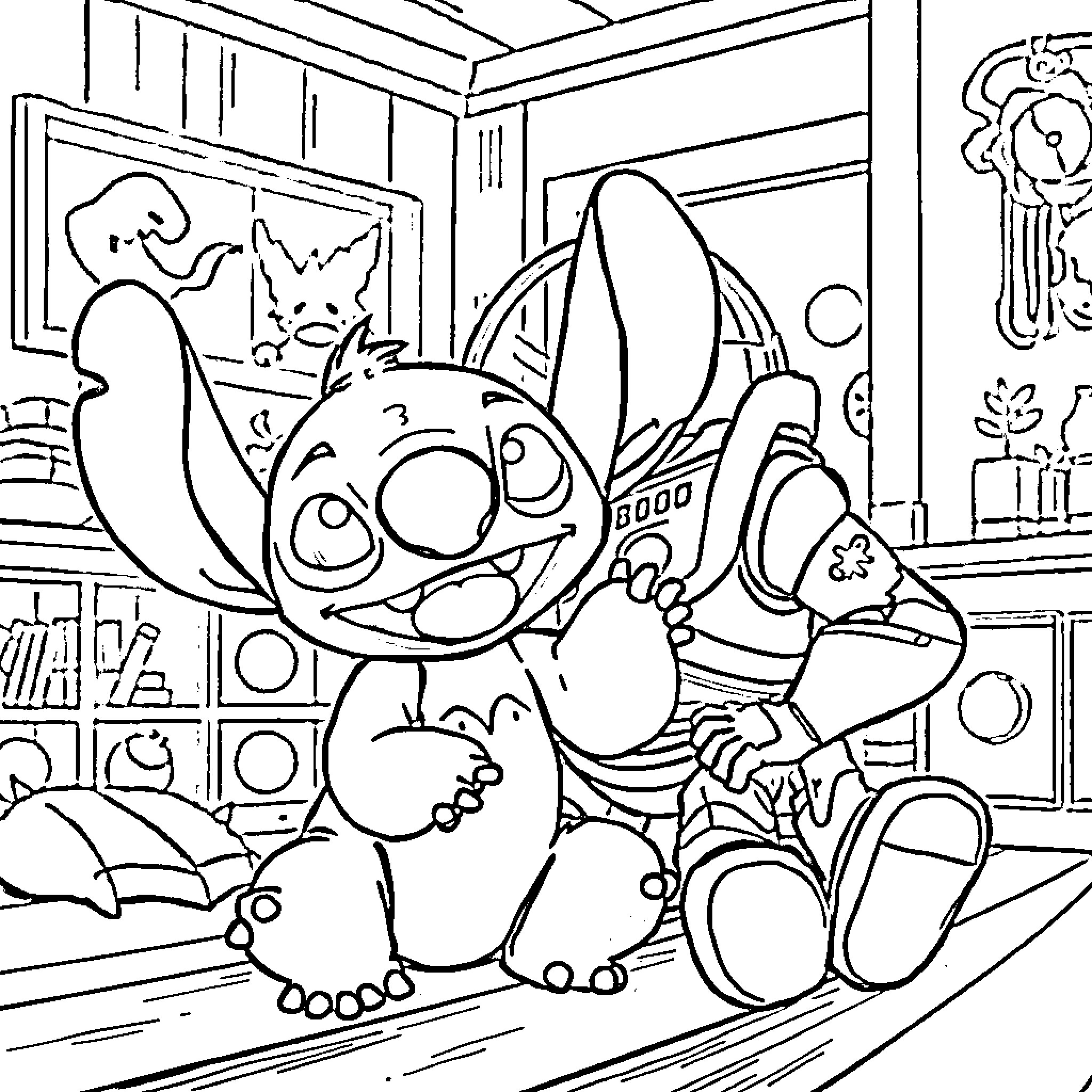 Stitch playing mischievously in the room Coloring Page (free black-and-white line drawing printable PDF for all, from beginners to advanced learners, including children, teens, adults, and seniors)