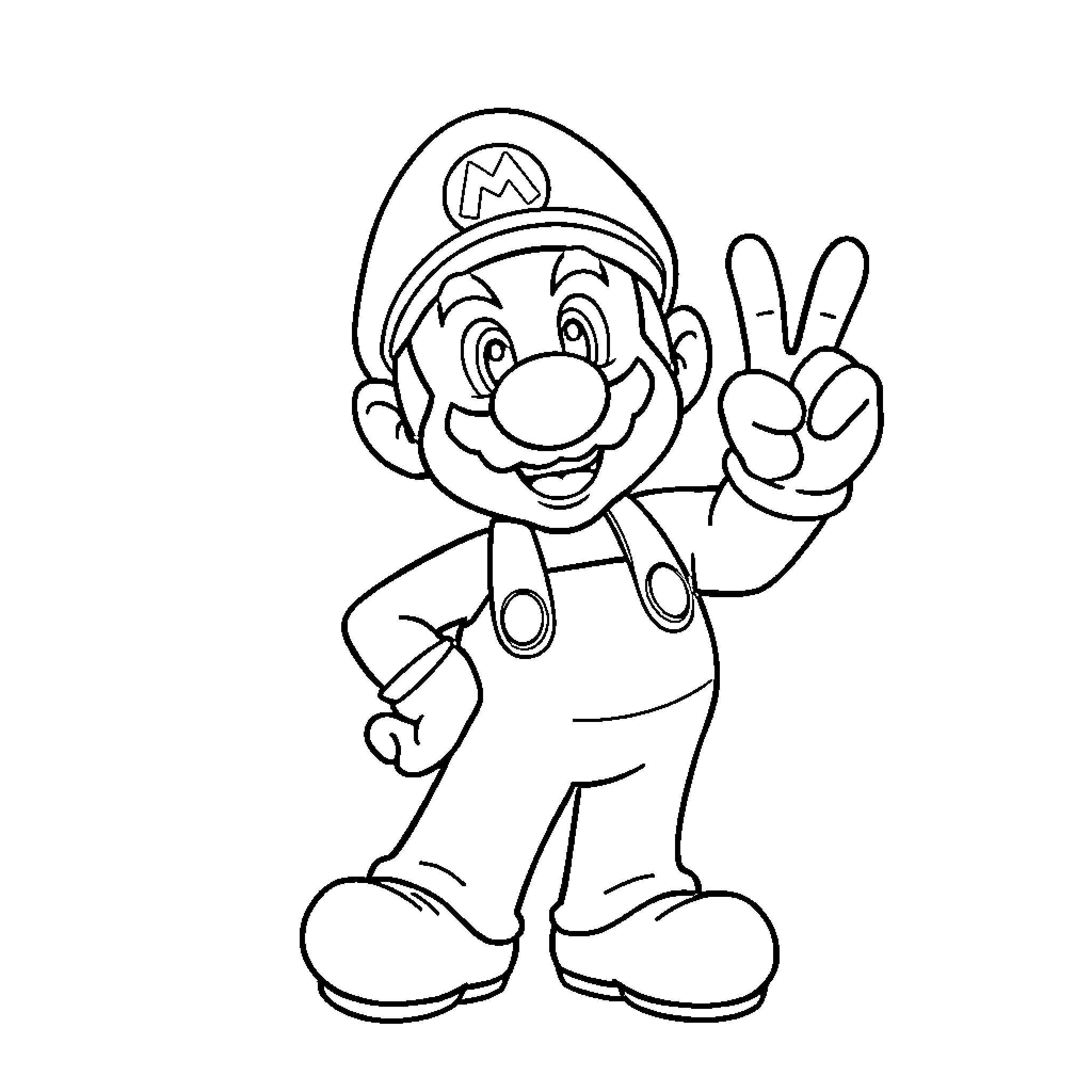 Super Mario Making a Joyful Gesture Coloring Page (free black-and-white line drawing printable PDF for all, from beginners to advanced learners, including children, teens, adults, and seniors)