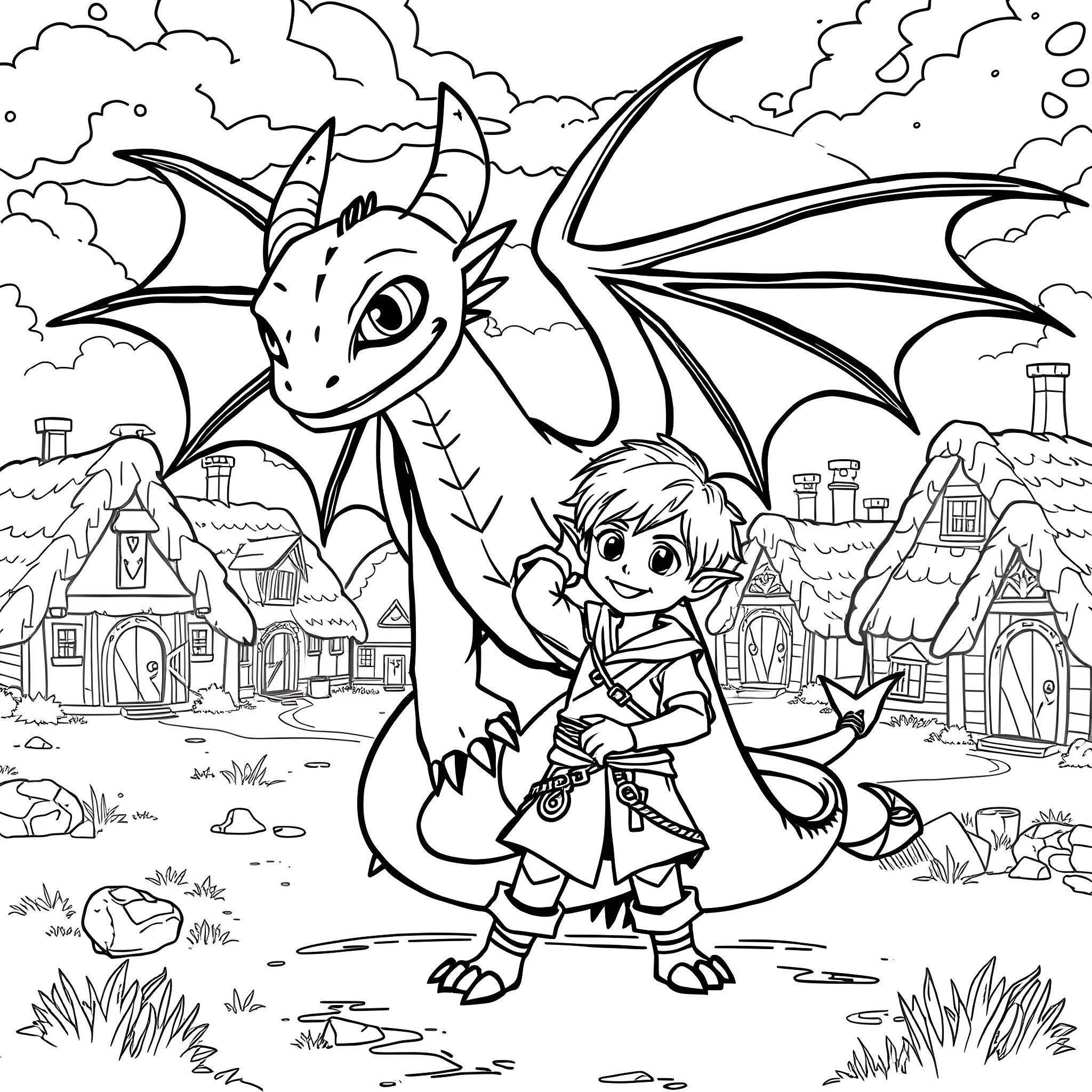 Dragon companion protecting a young knight in a fantastical village Coloring Page (free black-and-white line drawing printable PDF for all, from beginners to advanced learners, including children, teens, adults, and seniors)