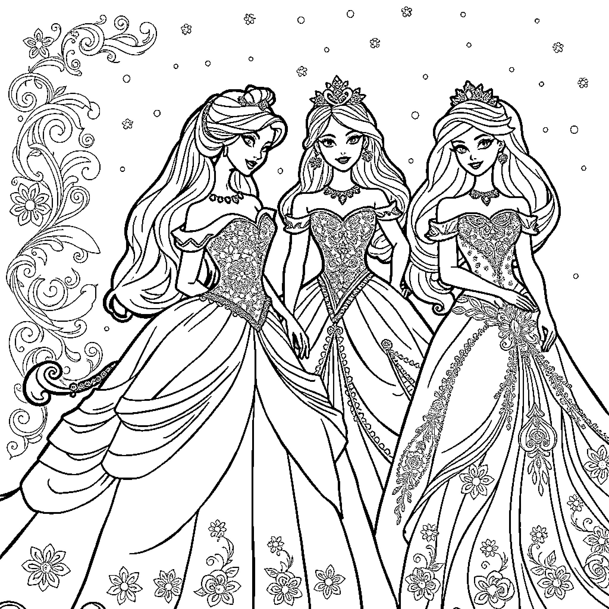 Princess Trio in Elegant Gowns and Tiaras Coloring Page (free black-and-white line drawing printable PDF for all, from beginners to advanced learners, including children, teens, adults, and seniors)