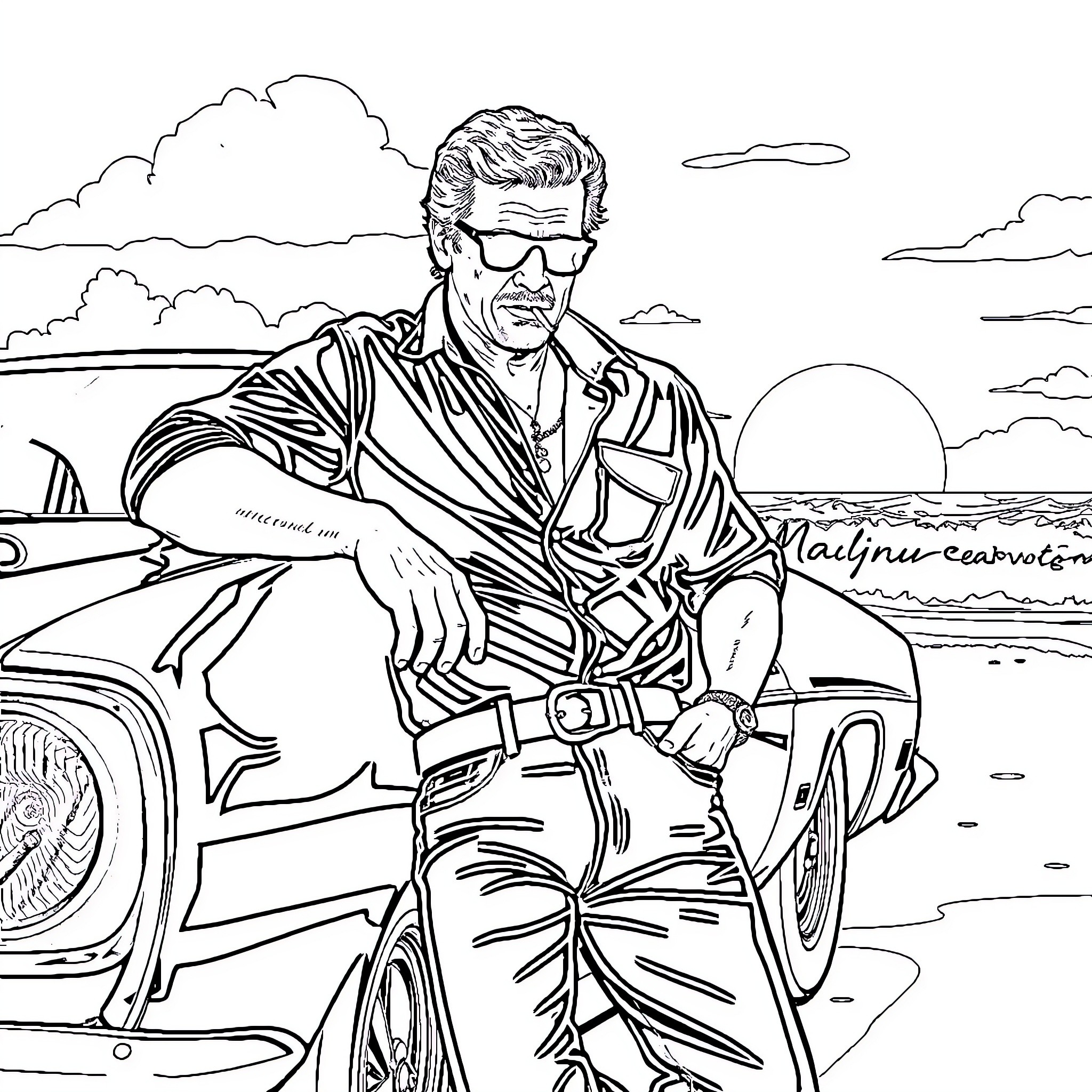 Steve McQueen riding a classic car on the beach Coloring Page (free black-and-white line drawing printable PDF for all, from beginners to advanced learners, including children, teens, adults, and seniors)