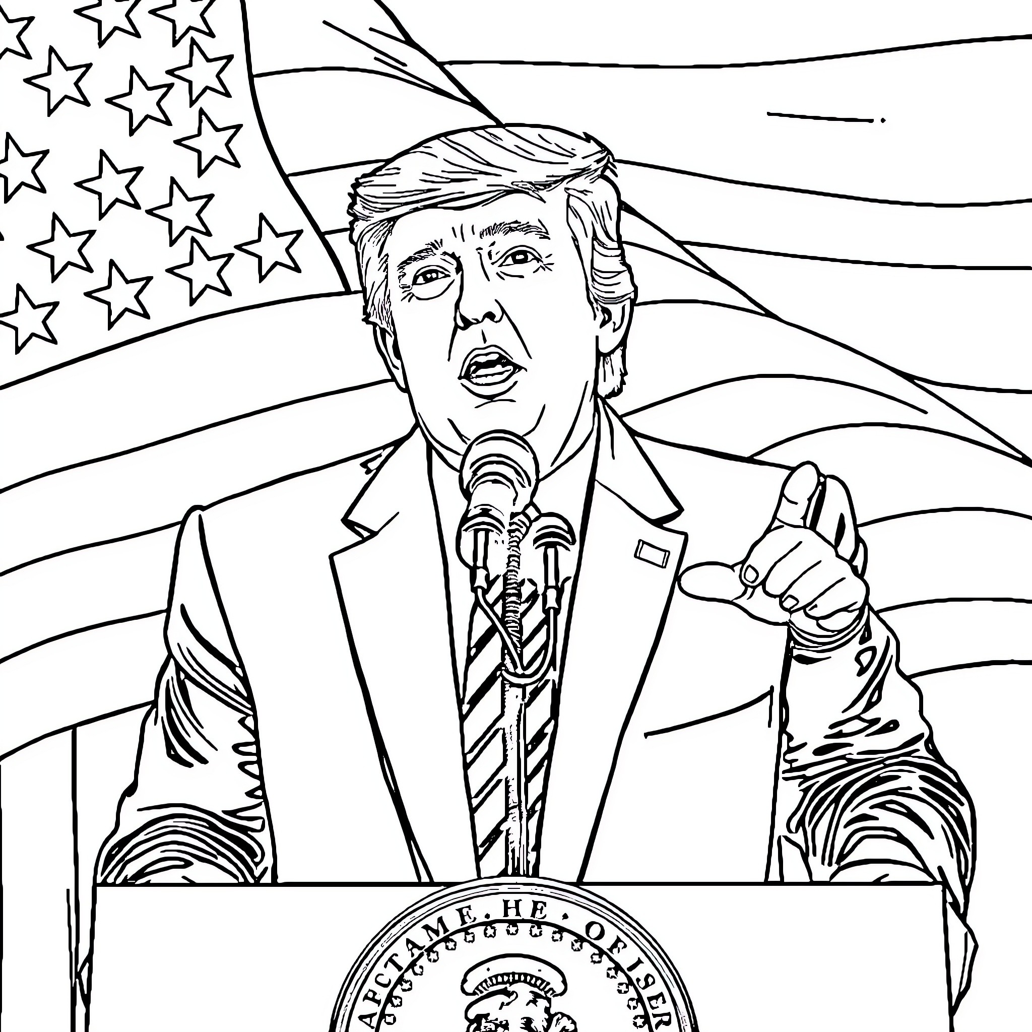Trump Delivering Speech at Podium with Flag Coloring Page (free black-and-white line drawing printable PDF for all, from beginners to advanced learners, including children, teens, adults, and seniors)