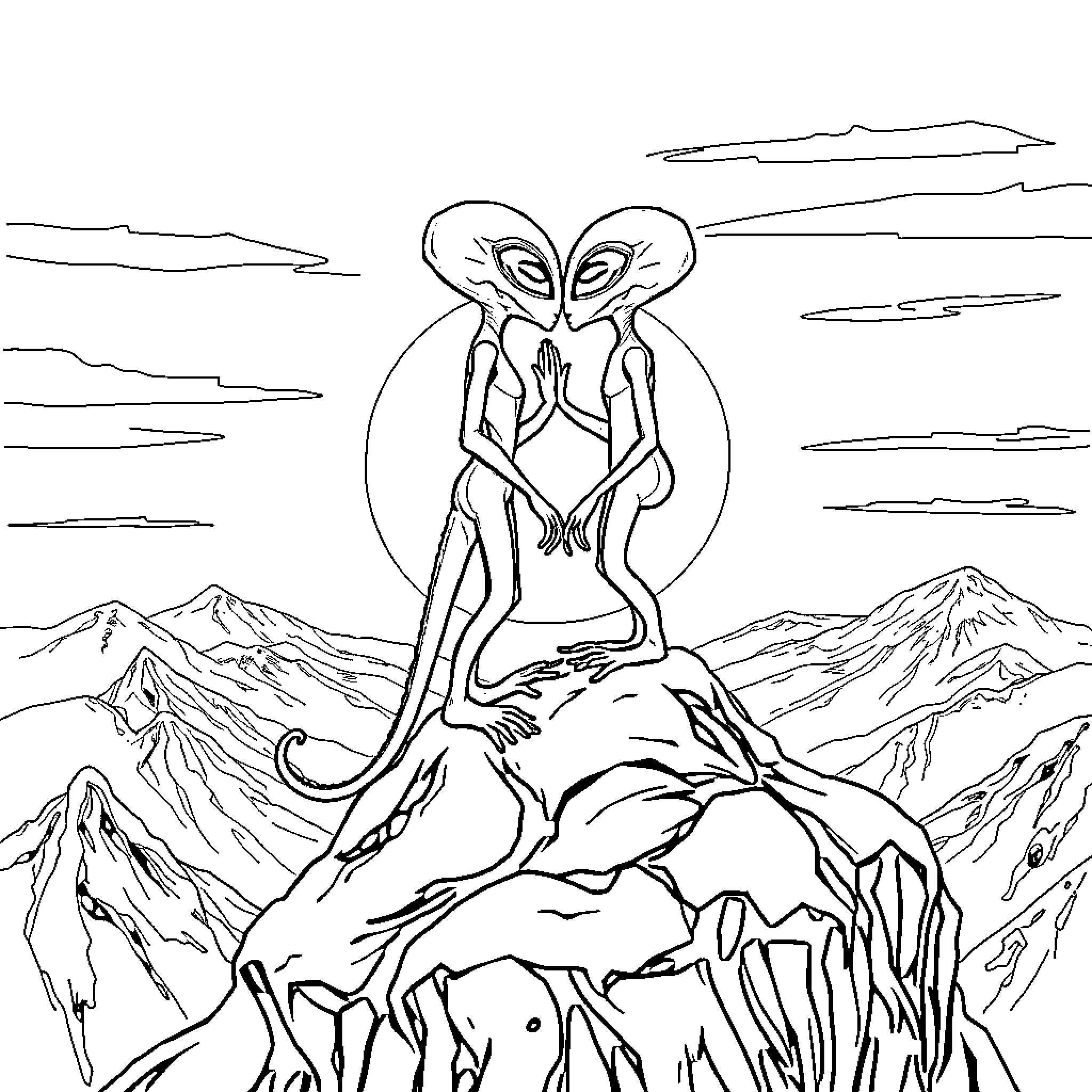 Alien creatures embracing on a mountainous landscape Coloring Page (free black-and-white line drawing printable PDF for all, from beginners to advanced learners, including children, teens, adults, and seniors)