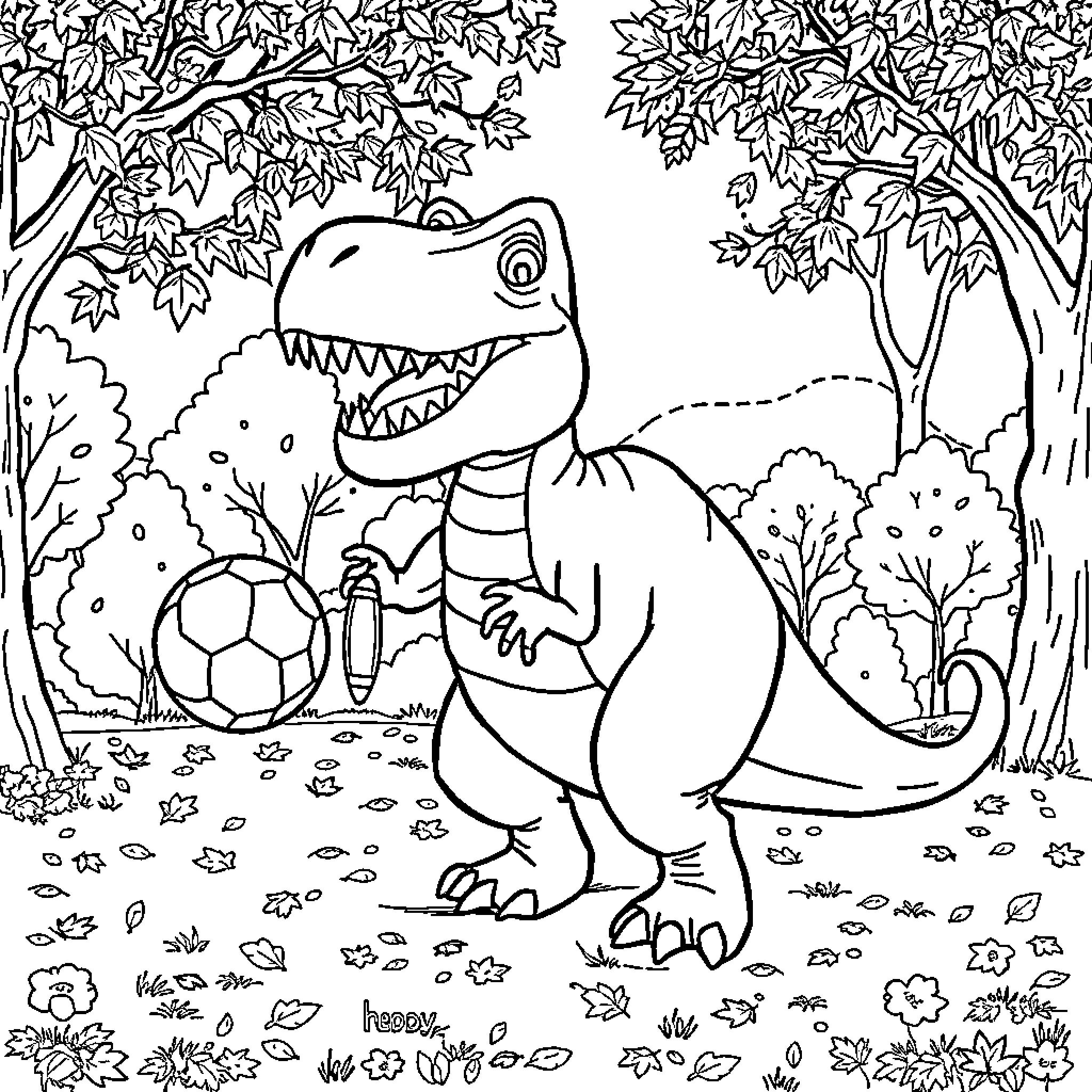 Dinosaur playing with a soccer ball in the forest Coloring Page (free black-and-white line drawing printable PDF for all, from beginners to advanced learners, including children, teens, adults, and seniors)