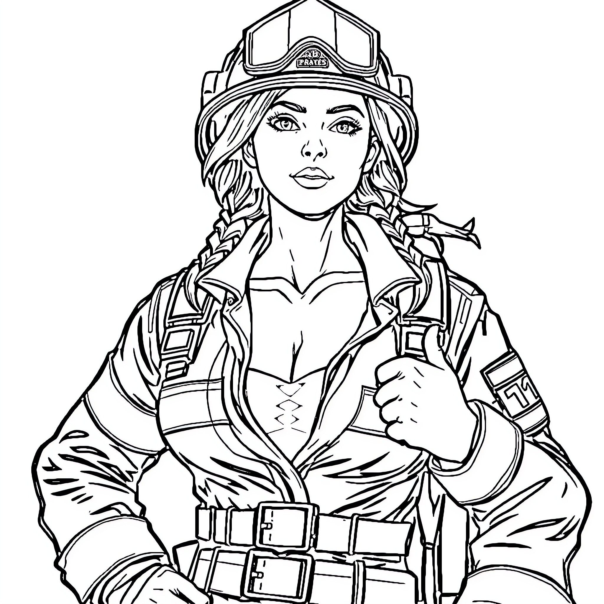 Firefighter in protective gear with determined expression Coloring Page (free black-and-white line drawing printable PDF for all, from beginners to advanced learners, including children, teens, adults, and seniors)