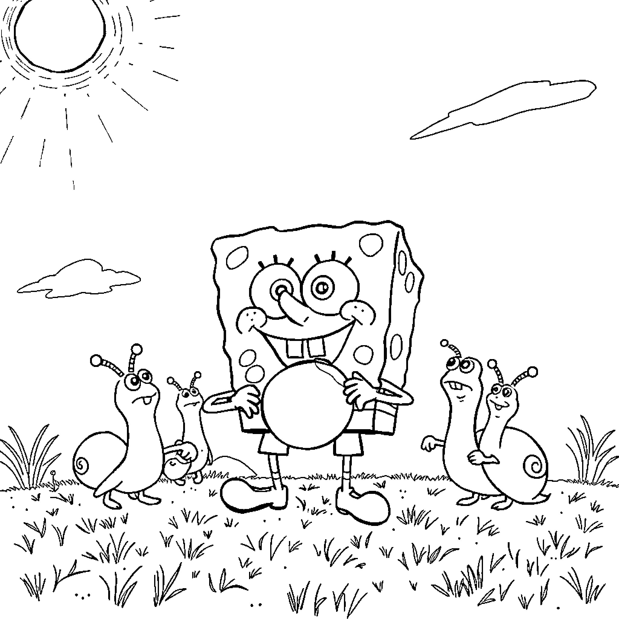 Spongebob happily playing with friends in the meadow Coloring Page (free black-and-white line drawing printable PDF for all, from beginners to advanced learners, including children, teens, adults, and seniors)