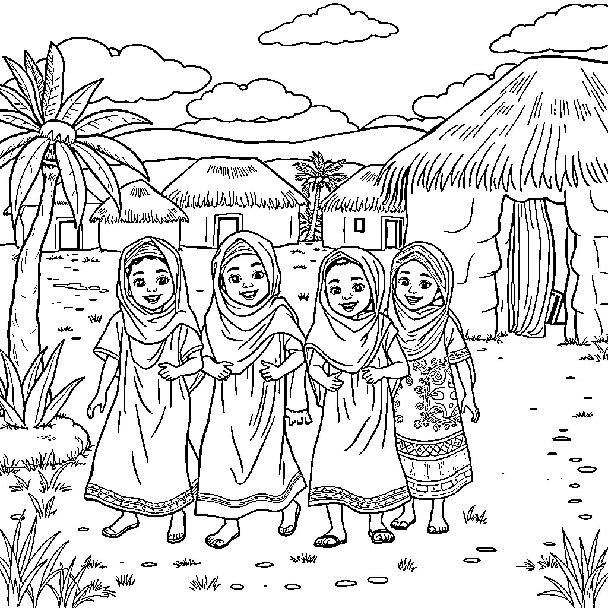 Child group exploring a tropical village scene Coloring Page (free black-and-white line drawing printable PDF for all, from beginners to advanced learners, including children, teens, adults, and seniors)
