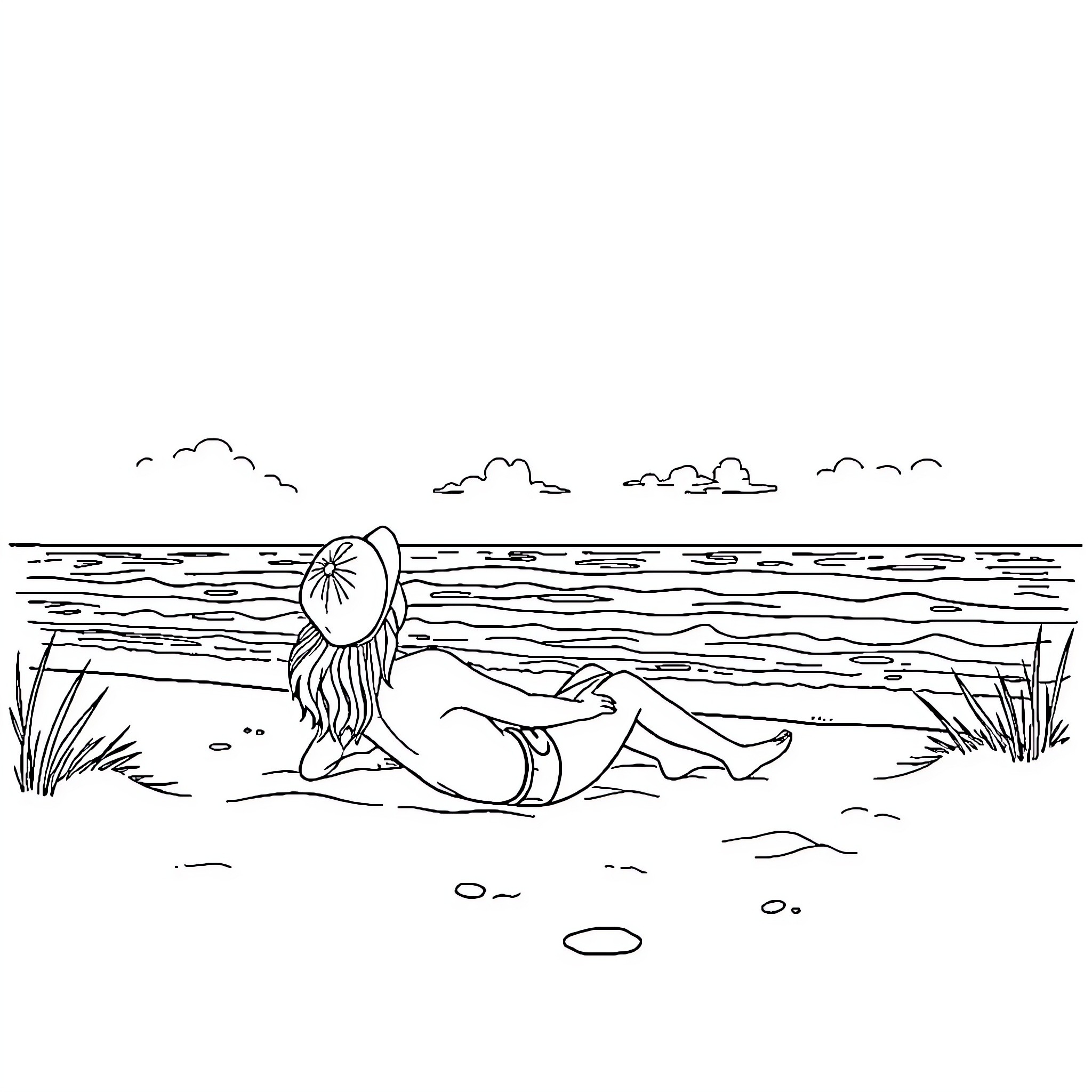 Miscanterra: Person resting on the beach Coloring Page (free black-and-white line drawing printable PDF for all, from beginners to advanced learners, including children, teens, adults, and seniors)