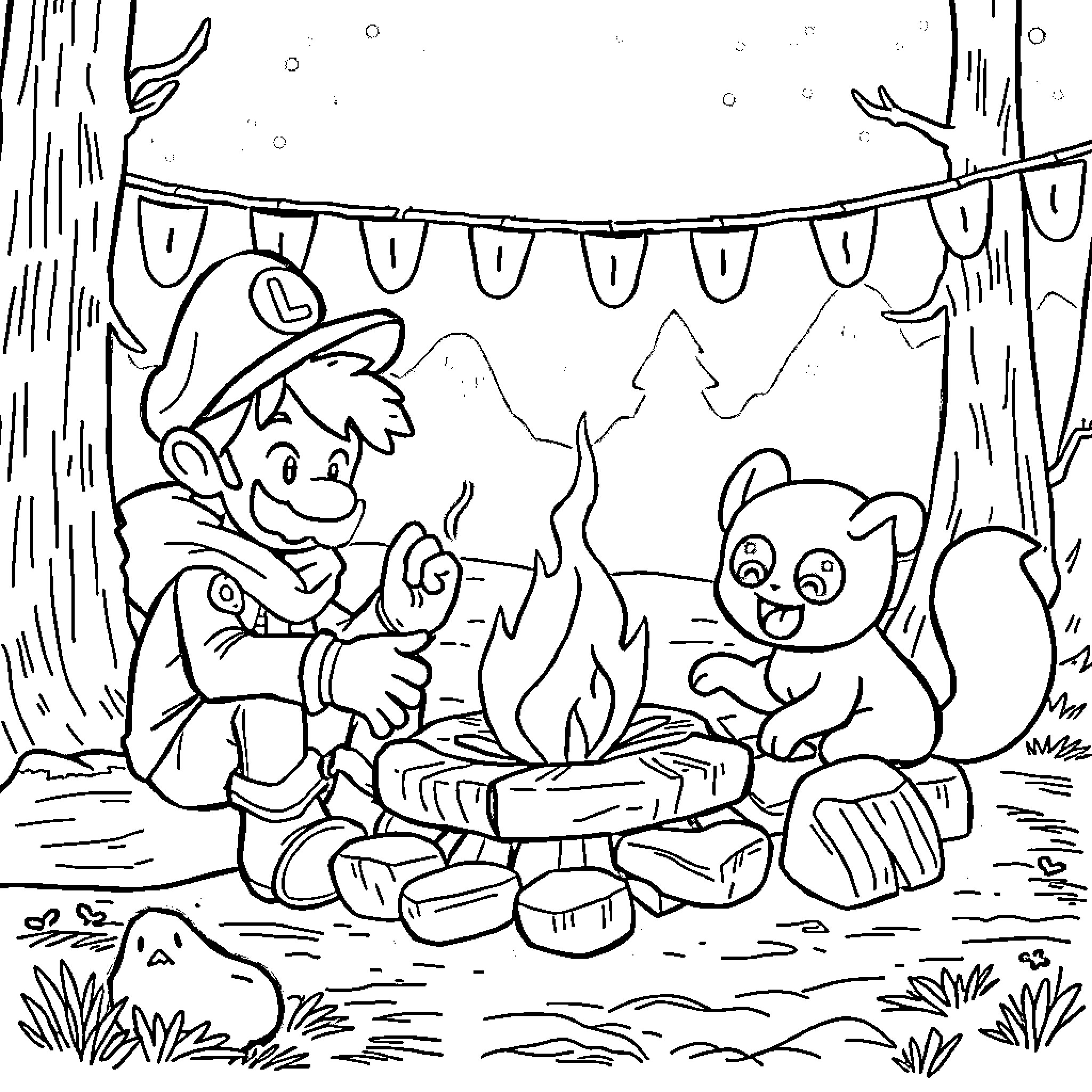 Rumi's Camping Adventure with Furry Companion Coloring Page (free black-and-white line drawing printable PDF for all, from beginners to advanced learners, including children, teens, adults, and seniors)
