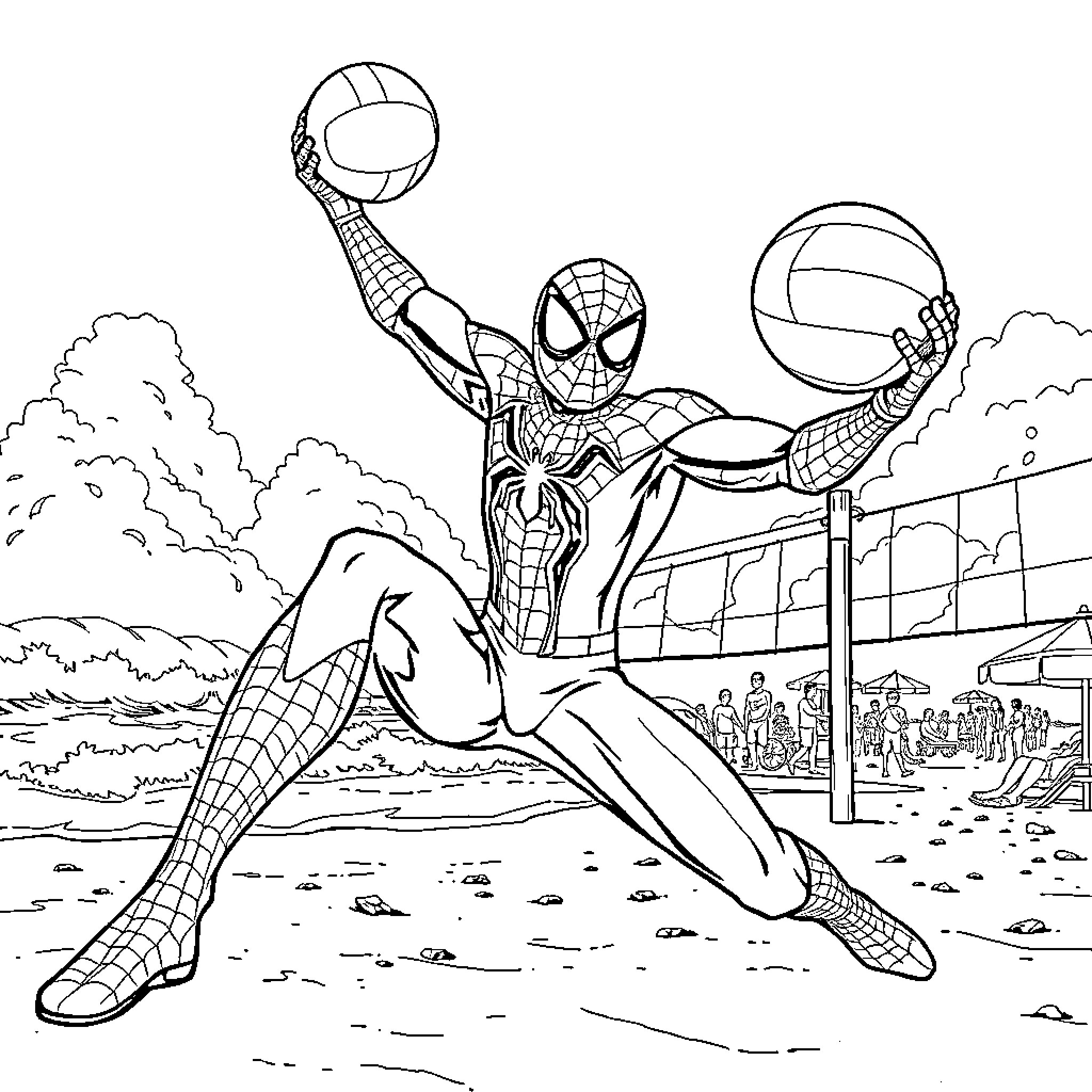 Spiderman swinging with volleyball in action scene Coloring Page (free black-and-white line drawing printable PDF for all, from beginners to advanced learners, including children, teens, adults, and seniors)