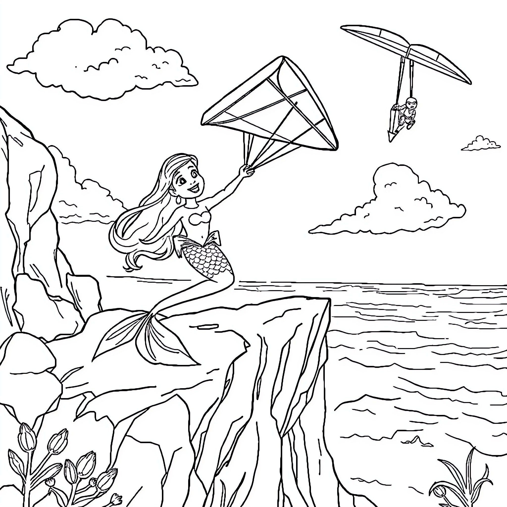 Mermaid soaring through the sky with kite Coloring Page (free black-and-white line drawing printable PDF for all, from beginners to advanced learners, including children, teens, adults, and seniors)