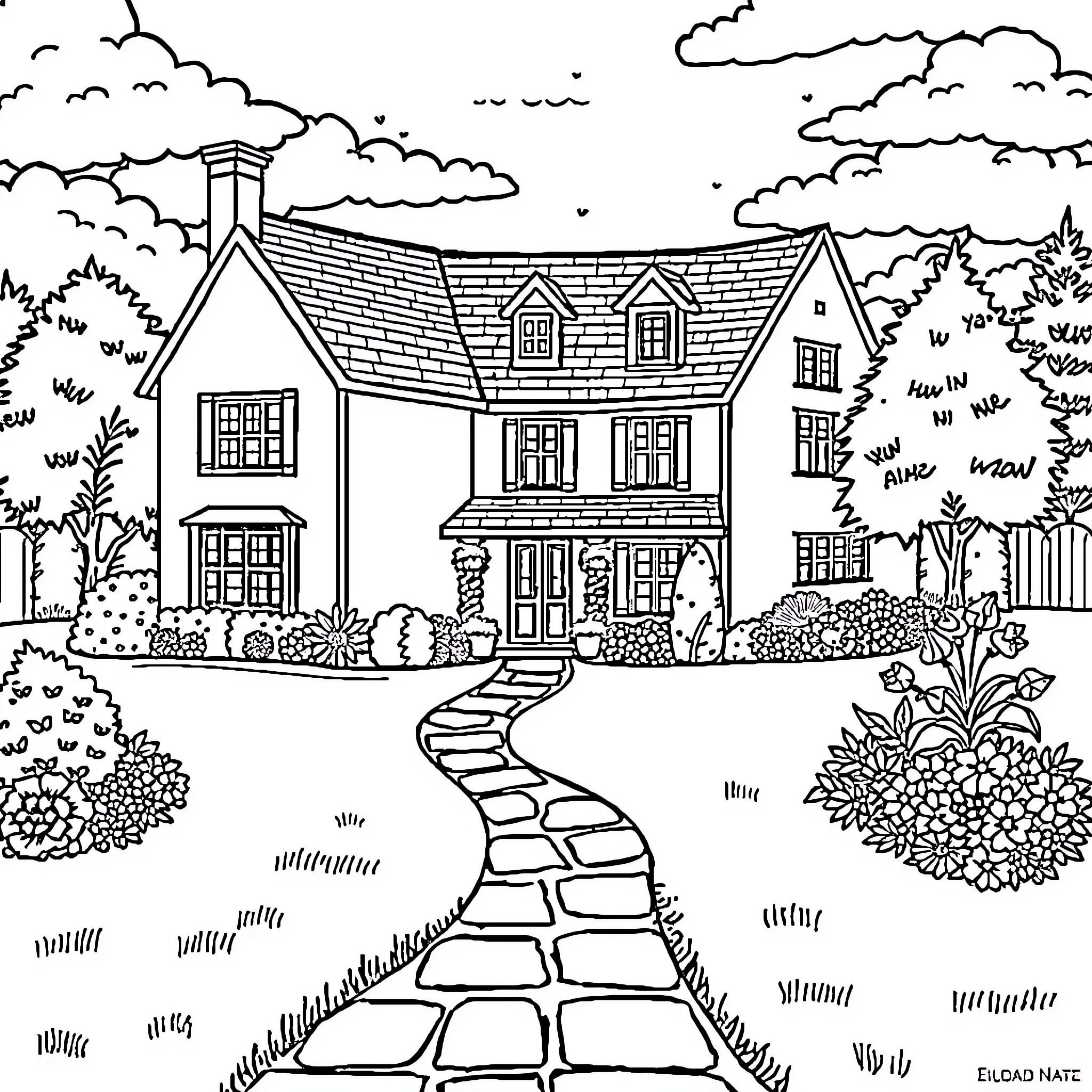 House with a Stoned Path in a Landscape Coloring Page (free black-and-white line drawing printable PDF for all, from beginners to advanced learners, including children, teens, adults, and seniors)