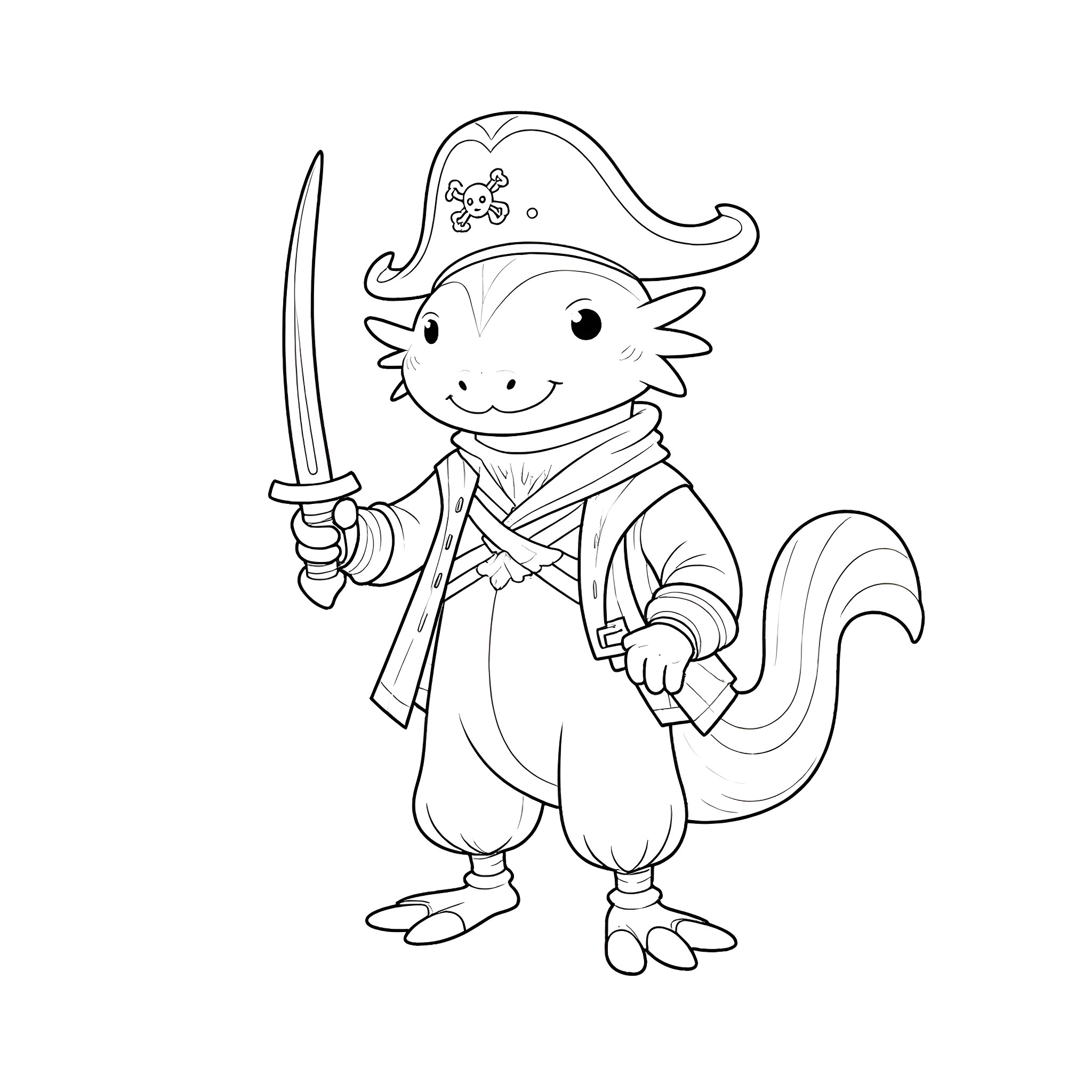 Axolotl pirate with sword exploring adventure Coloring Page (free black-and-white line drawing printable PDF for all, from beginners to advanced learners, including children, teens, adults, and seniors)