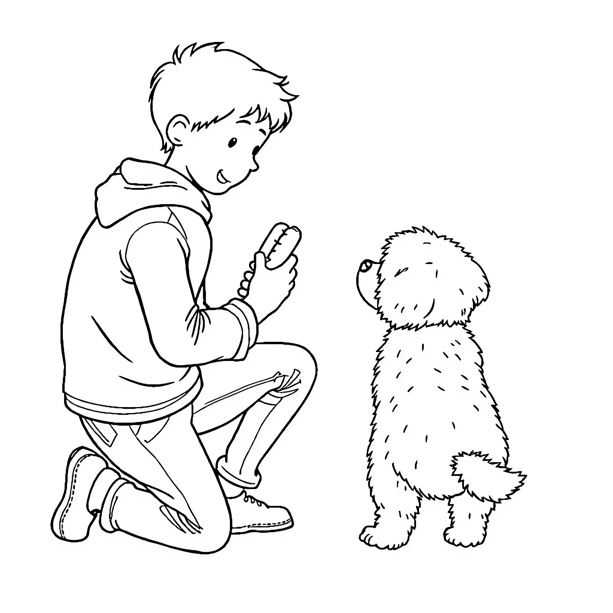 Dog and Boy Spending Time Together Coloring Page (free black-and-white line drawing printable PDF for all, from beginners to advanced learners, including children, teens, adults, and seniors)